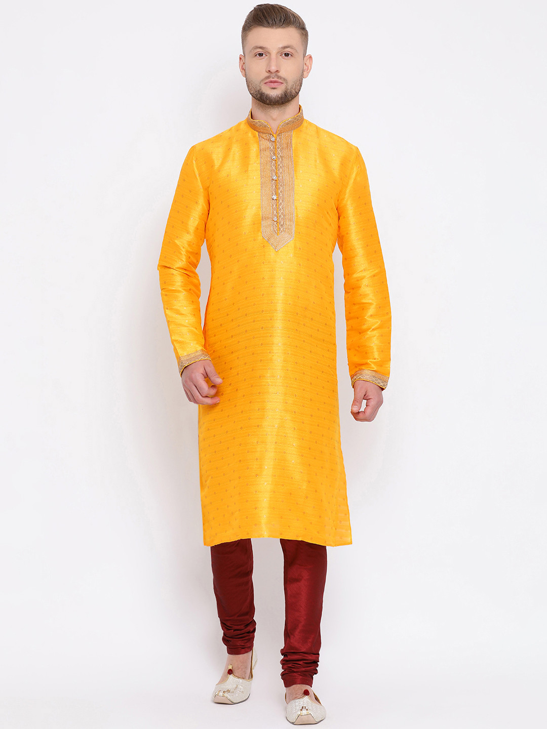 

Sanwara Men Yellow Yoke Design Mirror Work Straight Kurta