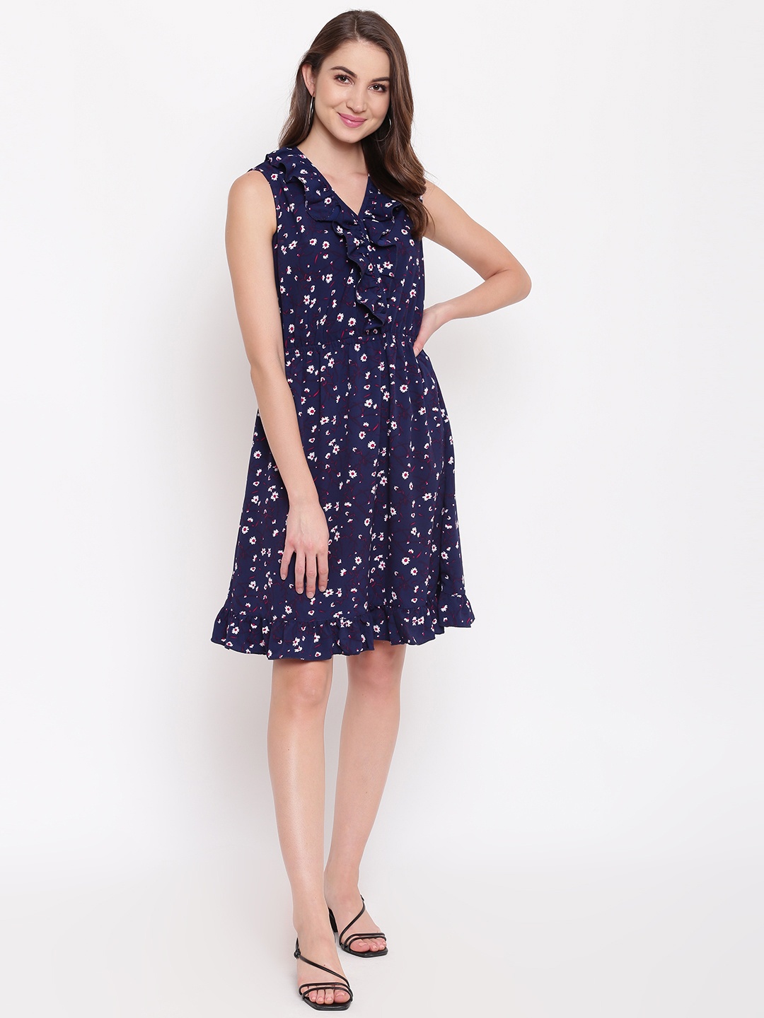 

Mayra Women Navy Blue Floral Printed A-Line Dress
