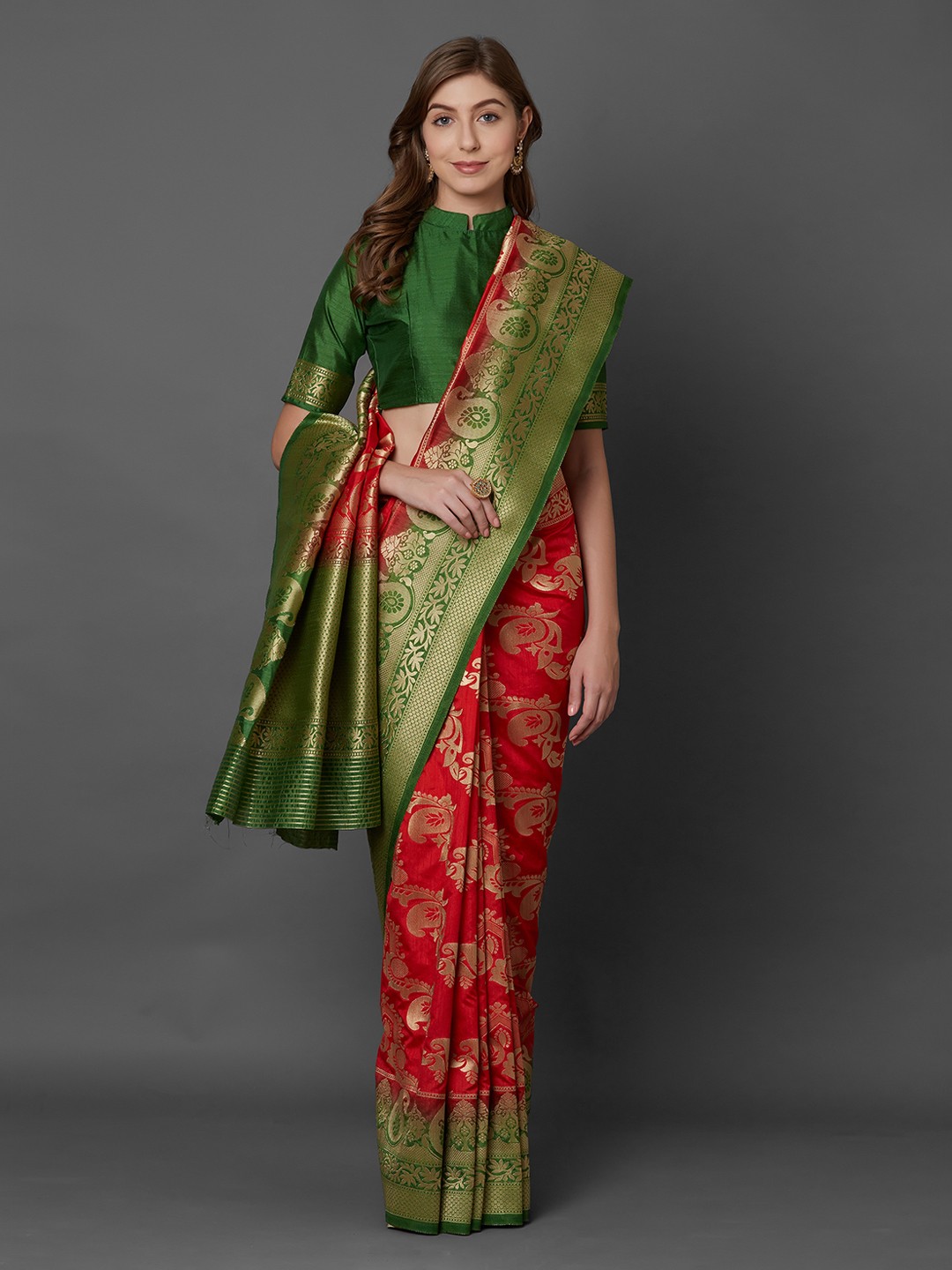 

Mitera Red & Green Silk Blend Woven Design Banarasi Saree