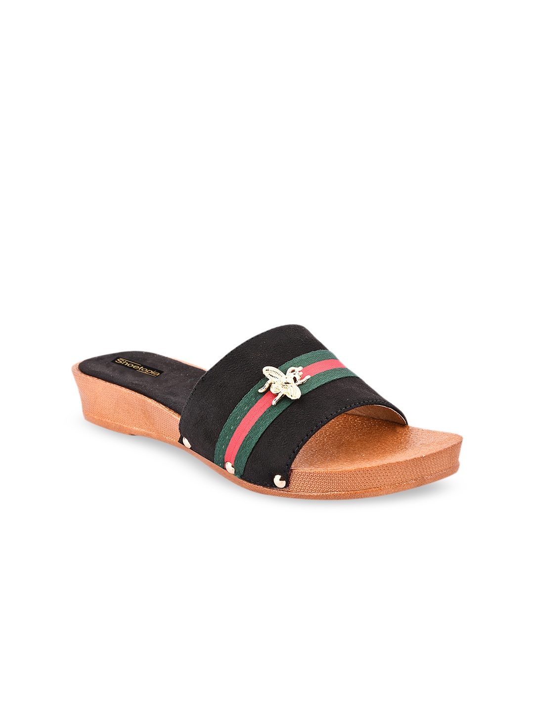 Shoetopia Women Black Striped Suede Open Toe Flats