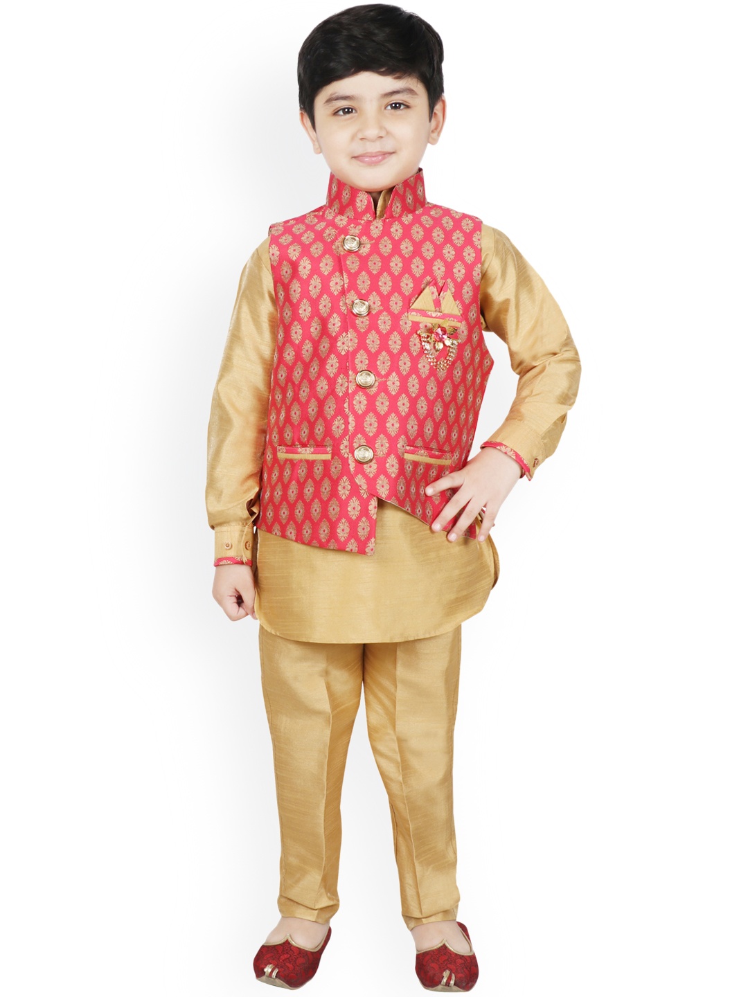 

SG YUVRAJ Boys Pink & Beige Printed Raw Silk Kurta with Trousers