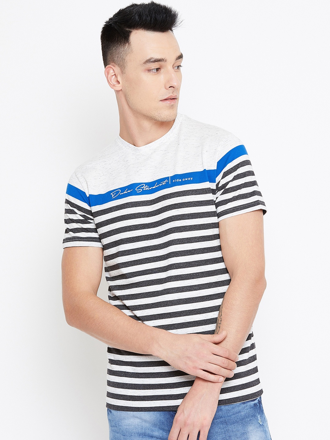 

Duke Men Grey And White Striped Round Neck T-shirt