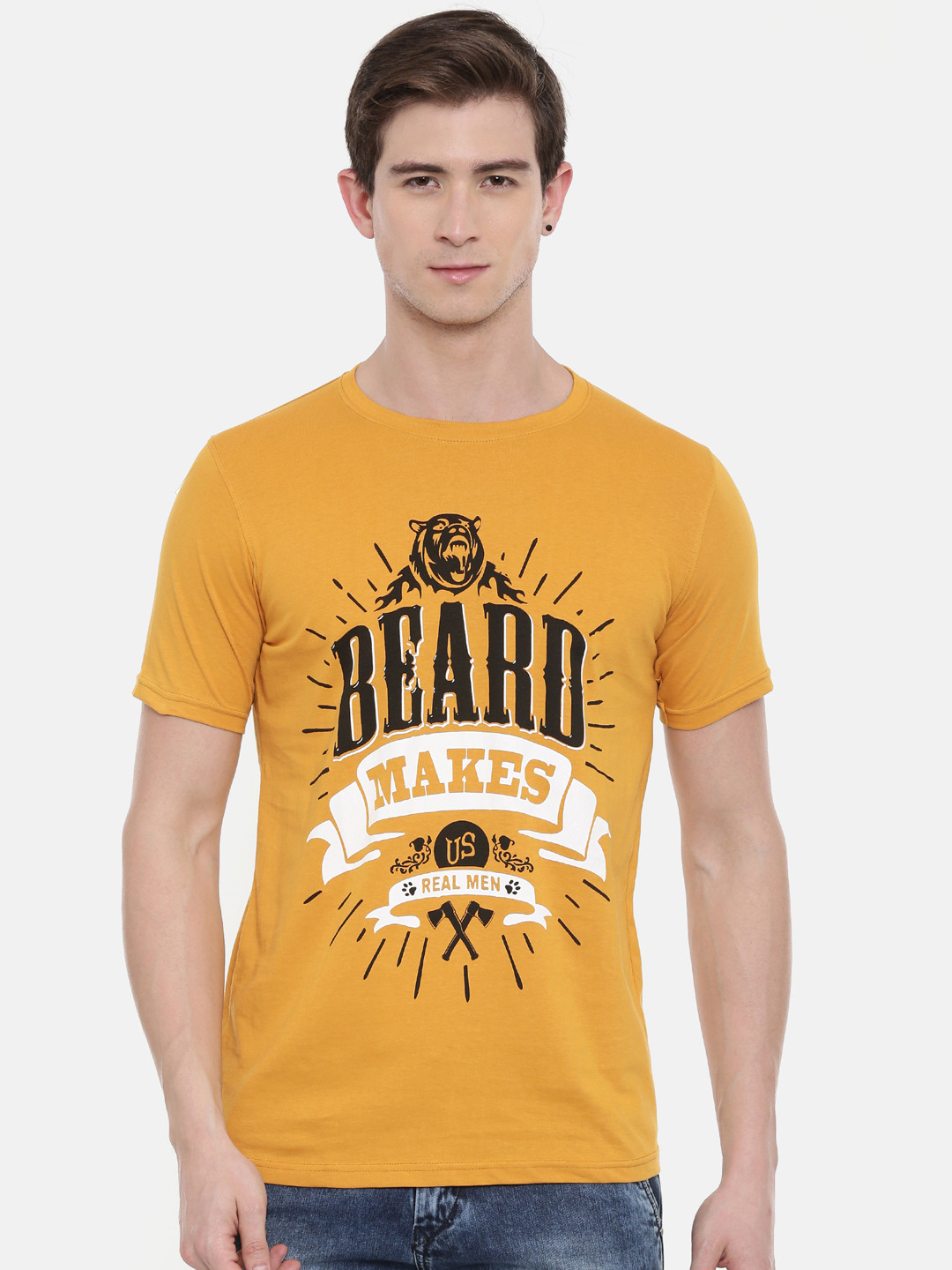 

Bushirt Men Mustard Yellow Printed Round Neck Pure Cotton T-shirt