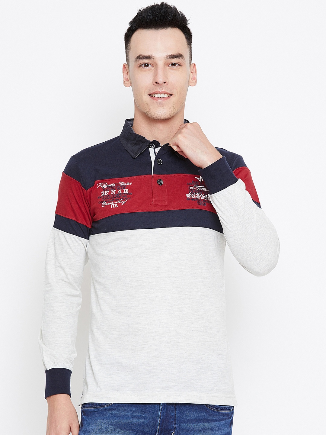 

Duke Men Grey Colourblocked Polo Collar T-shirt