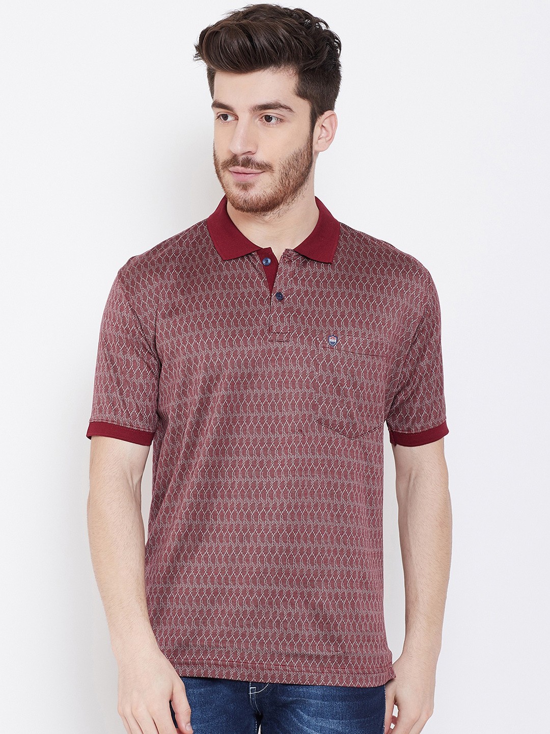 

Duke Men Maroon & Grey Self Design Polo Collar T-shirt