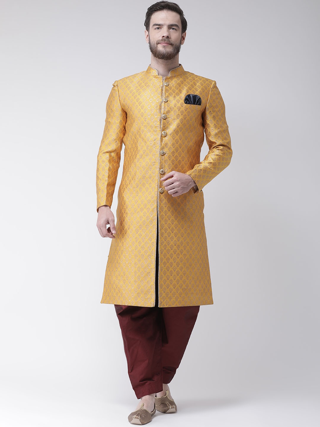 

Hangup Men Mustard Yellow & Maroon Sherwani With Dhoti Pants