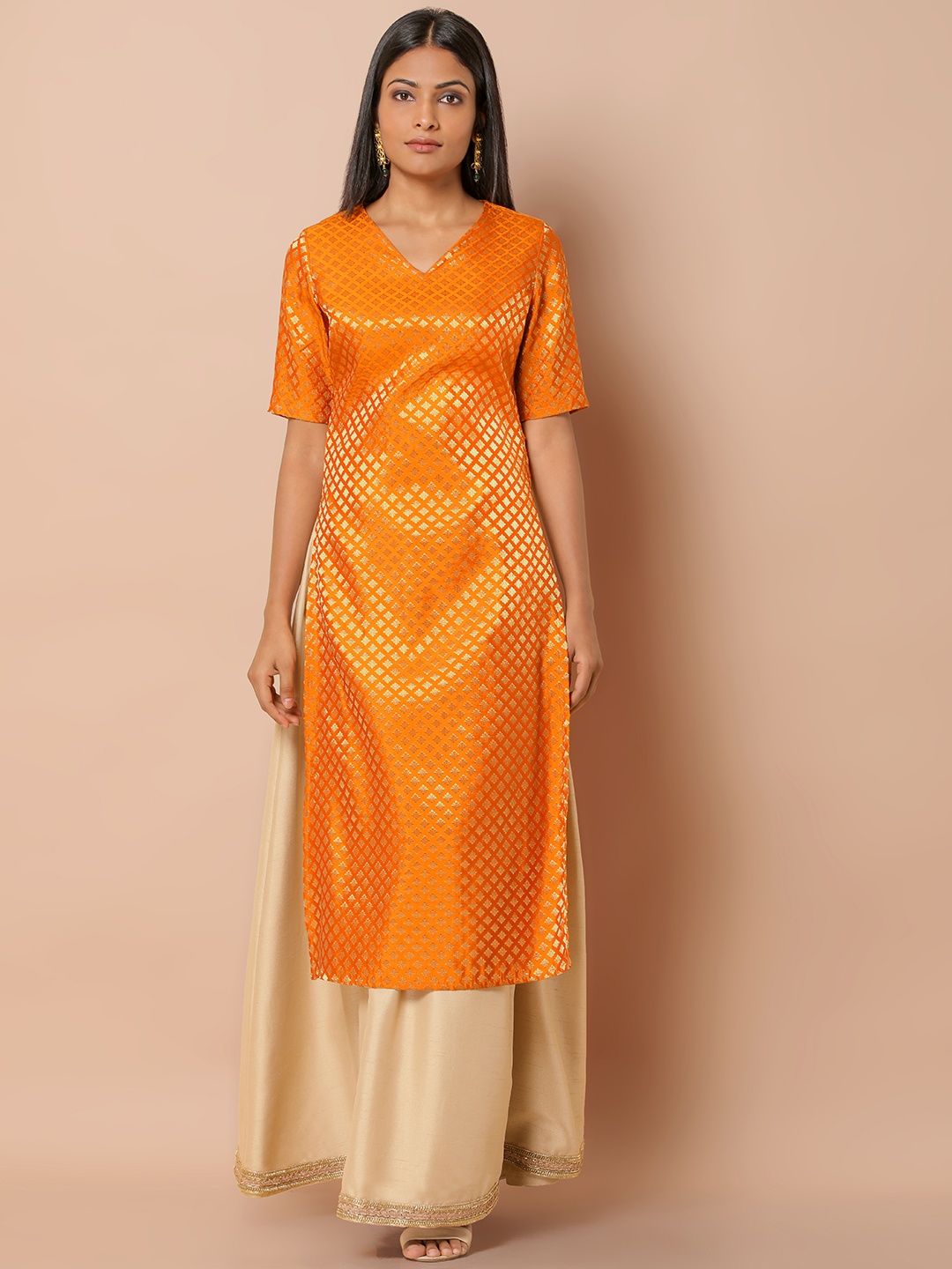 

INDYA Women Yellow Printed Straight Kurta