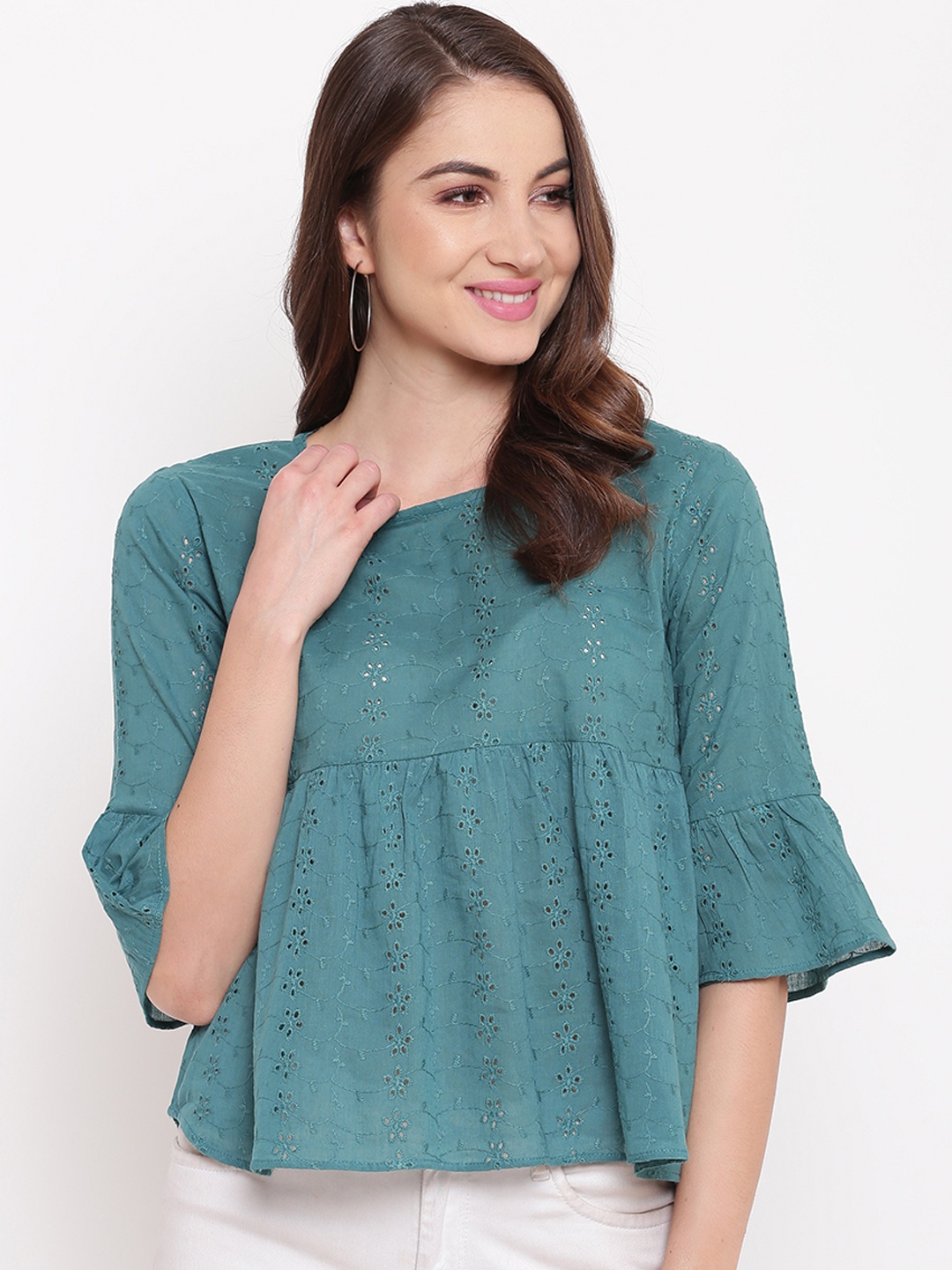 Mayra Women Teal Blue Schiffli Embroidered Peplum Top