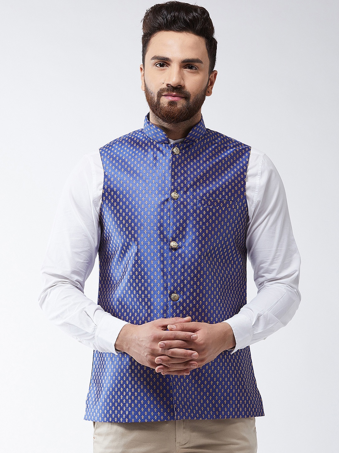 

SOJANYA Blue & Gold Printed Nehru Jacket