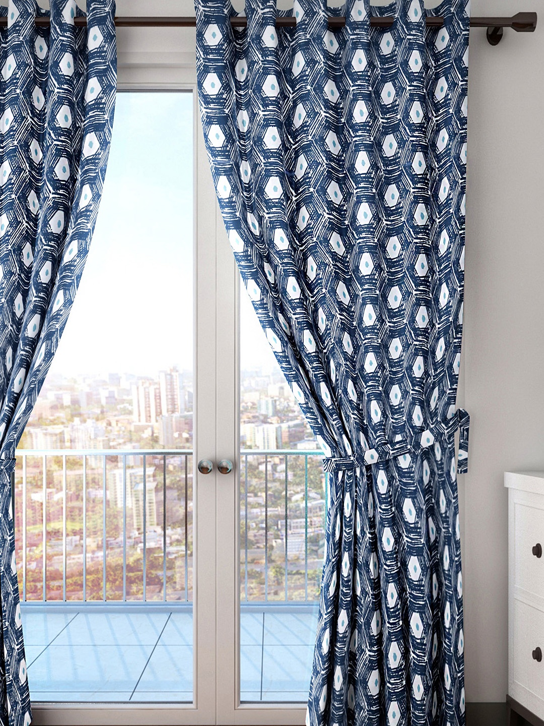 

HOUZZCODE White & Blue Printed Single Room Darkening Door Curtain