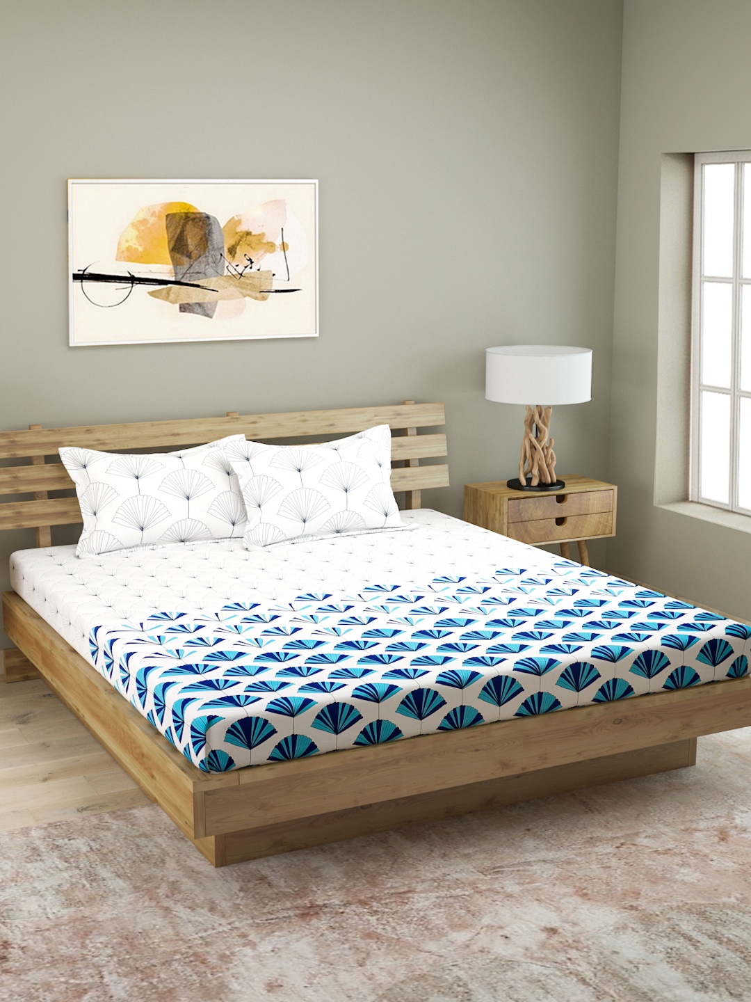 

ROMEE White & Blue Floral 210 TC Cotton 1 King Bedsheet with 2 Pillow Covers