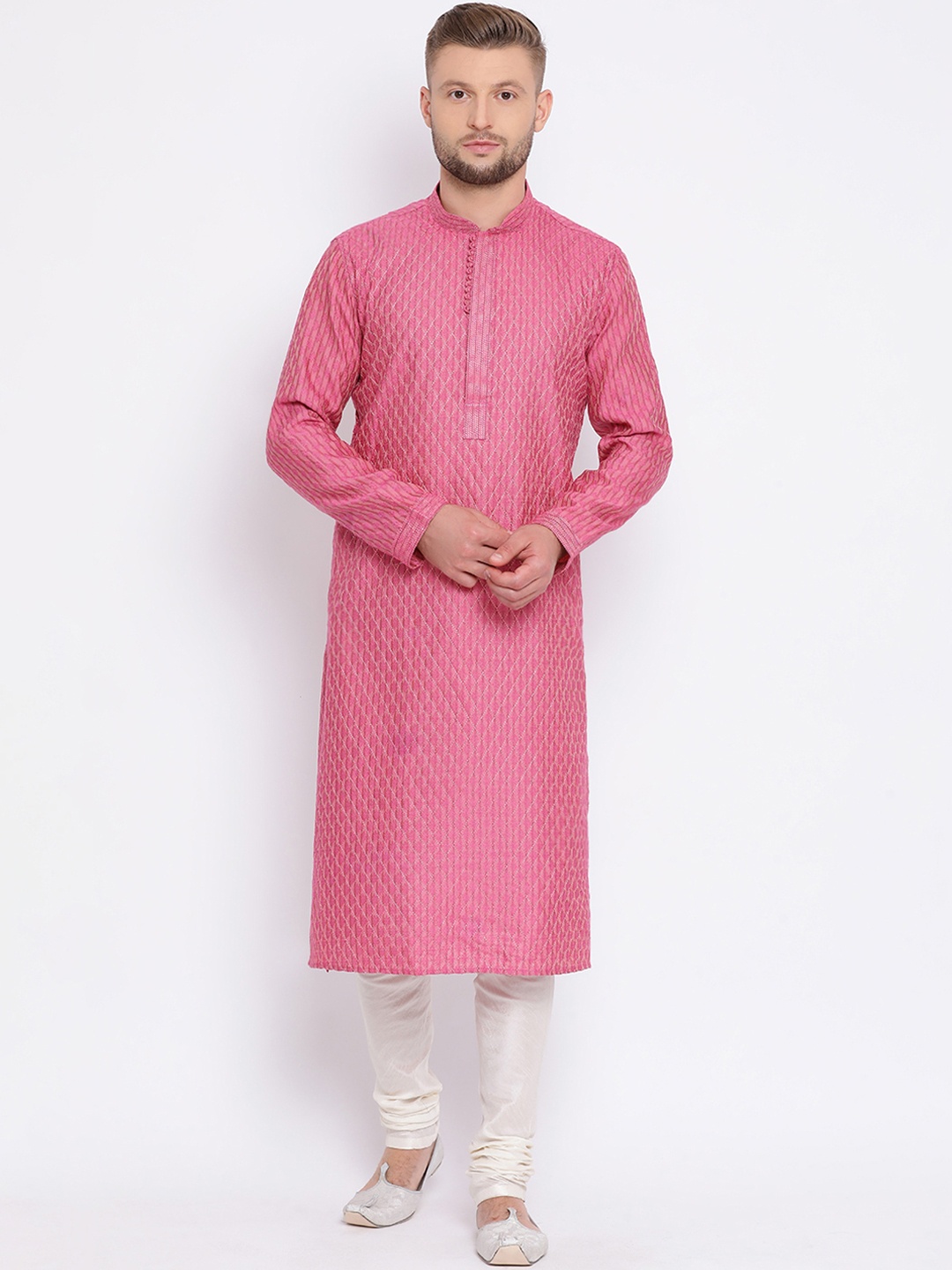 

Sanwara Men Pink Woven Design Jacquard Straight Kurta