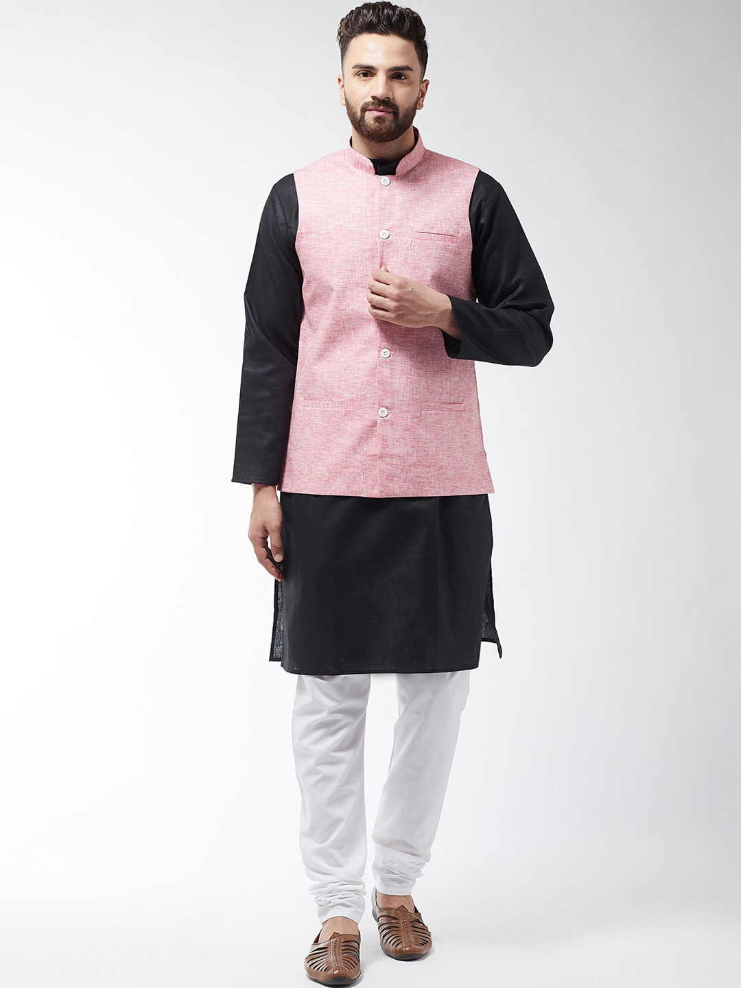 

SOJANYA Men Black & Coral Solid Kurta with Churidar