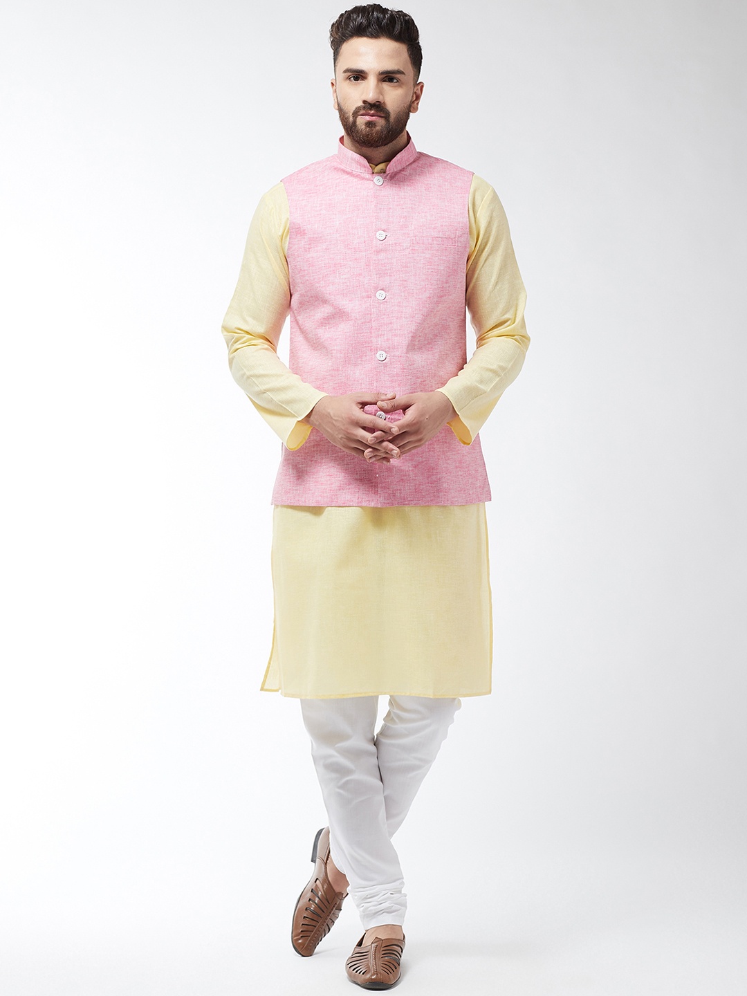

SOJANYA Men Yellow & Pink Solid Kurta And Churidar With Jacket