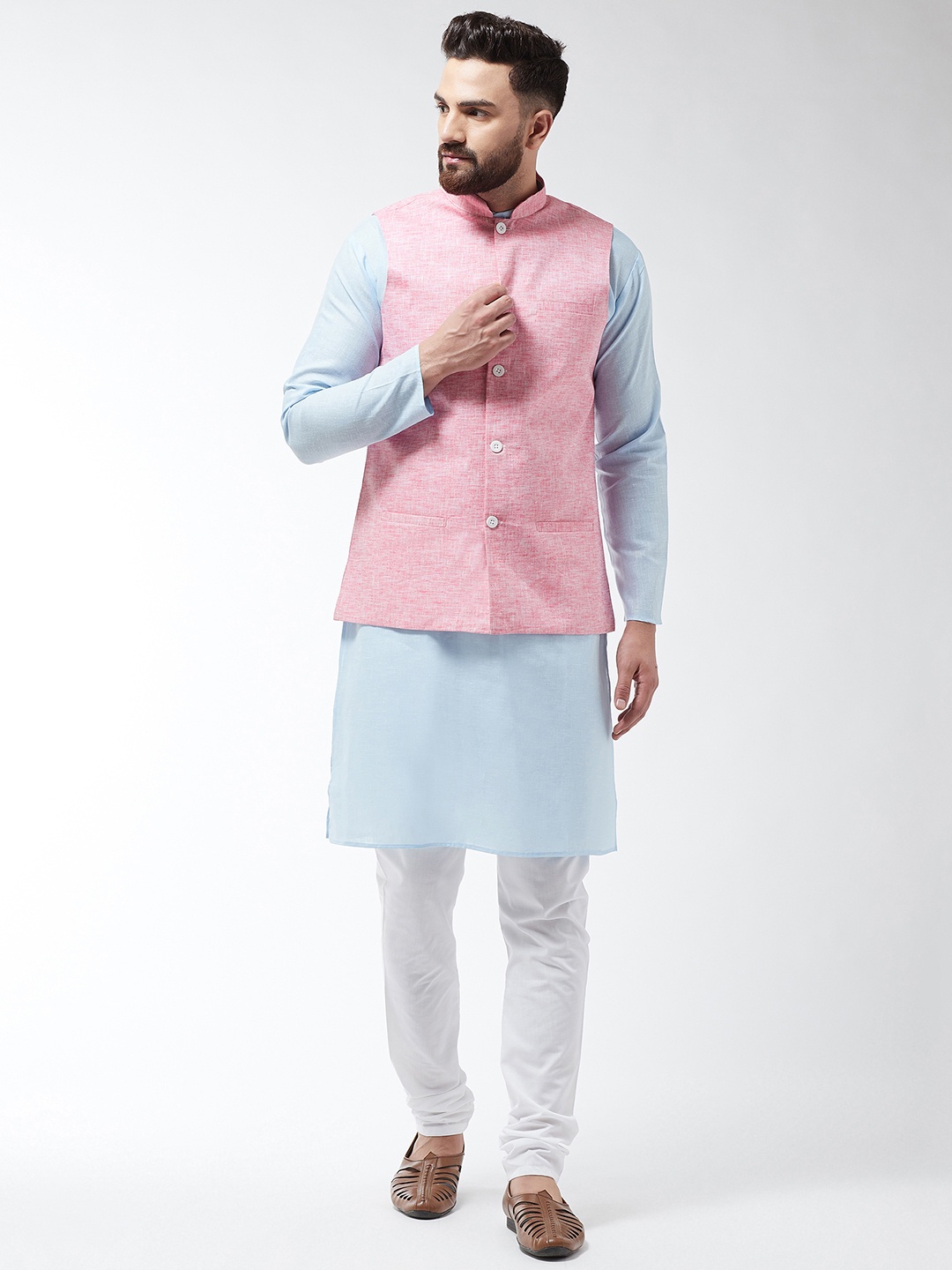 

SOJANYA Men Turquoise Blue & Pink Solid Kurta And Churidar With Jacket
