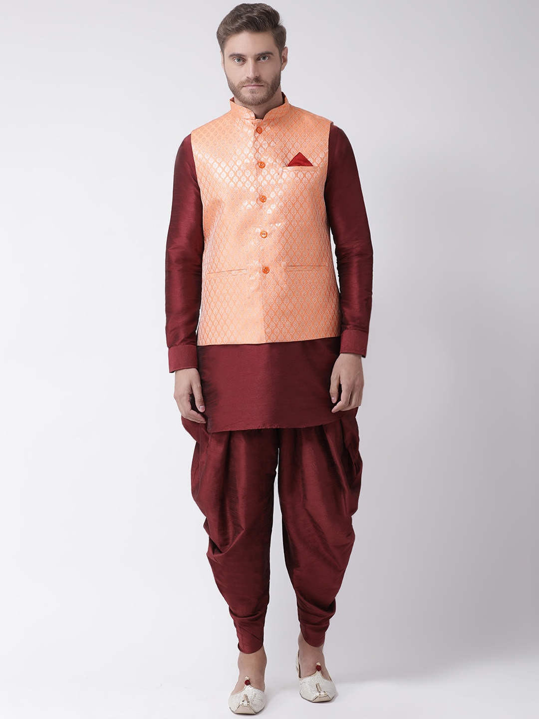 

DEYANN Men Maroon Solid Kurta with Dhoti Pants & Nehru Jacket