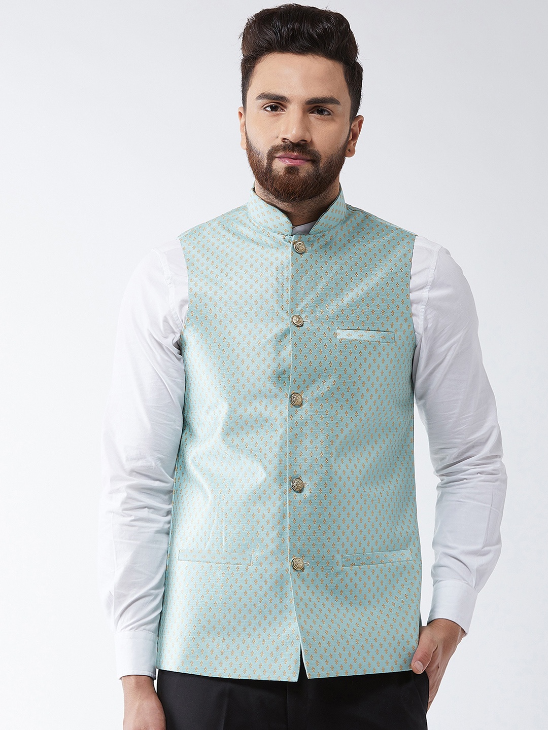 

SOJANYA Sea Green & Gold Woven Design Nehru Jacket