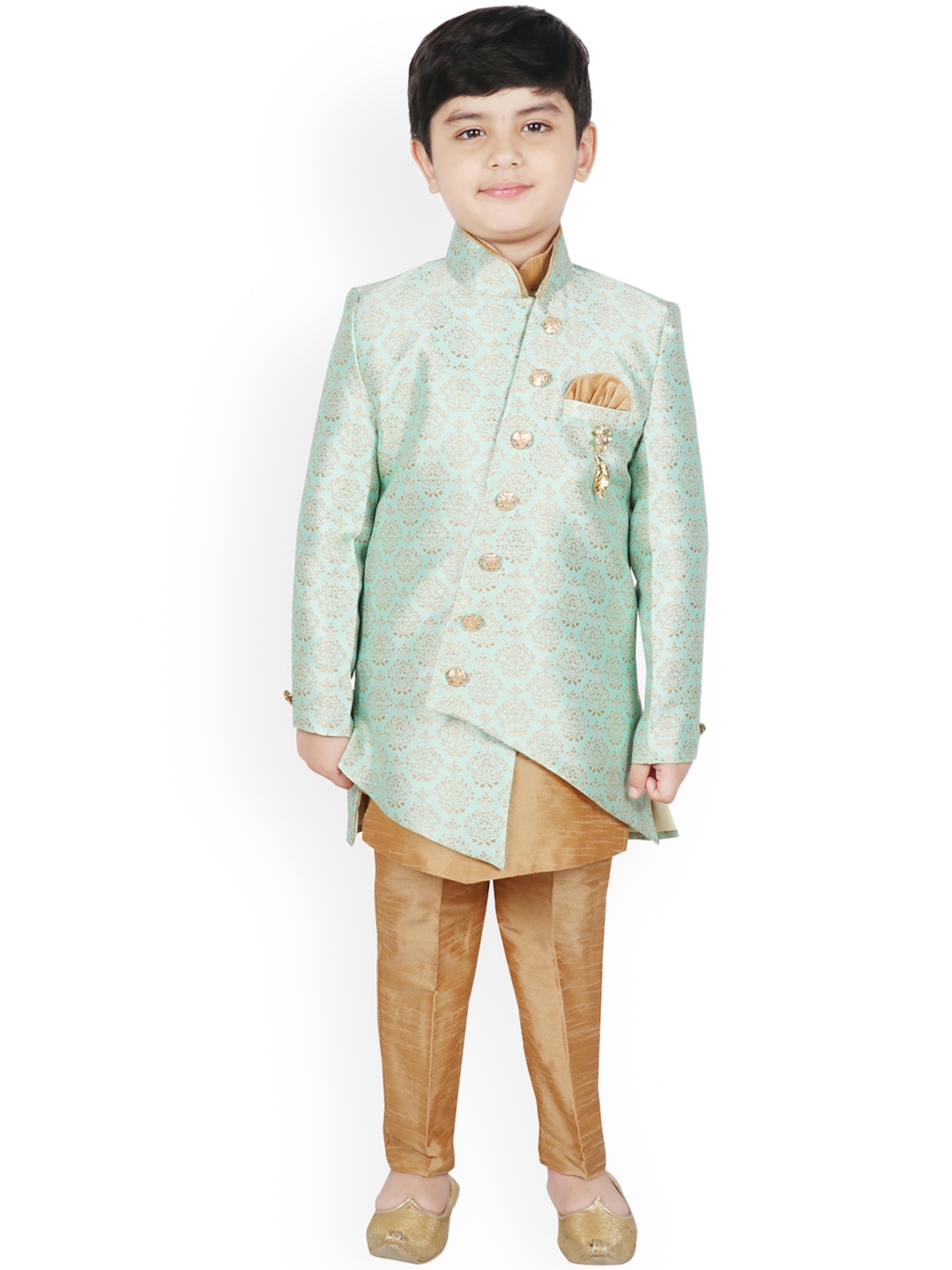 

SG YUVRAJ Boys Green & Beige Solid Raw Silk Kurta with Trousers