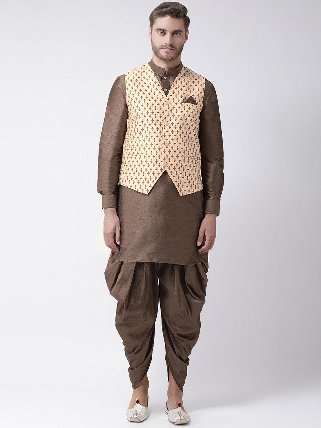 

DEYANN Men Brown & Beige Solid Kurta with Dhoti Pants Nehru Jacket