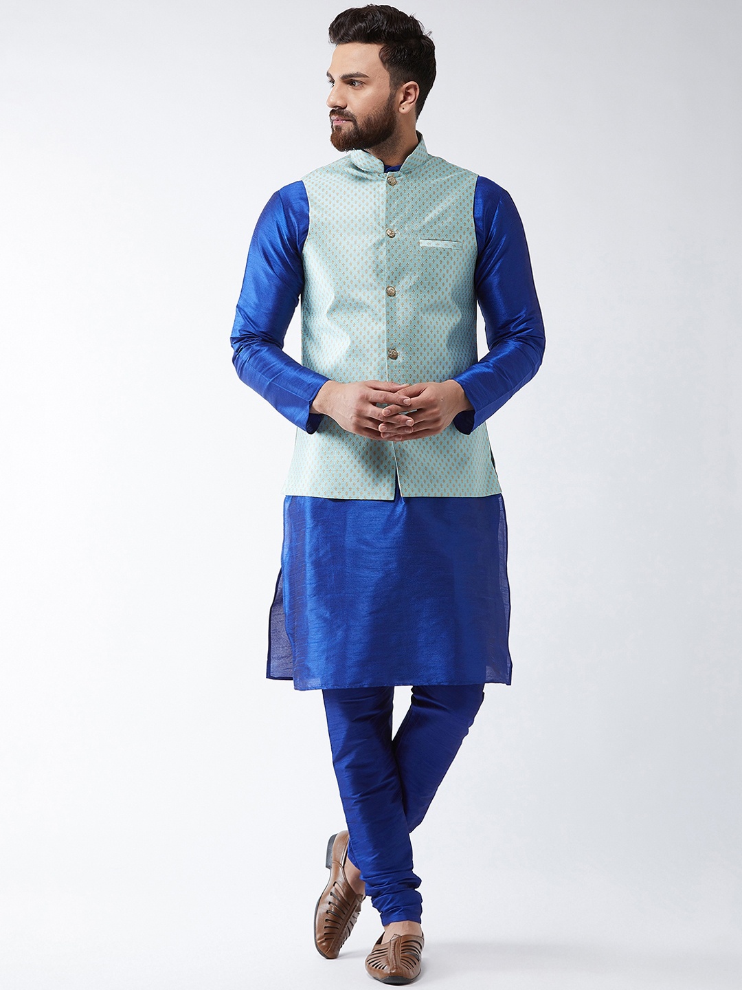 

SOJANYA Men Sea Green & Blue Solid Kurta Set & Nehru Jacket