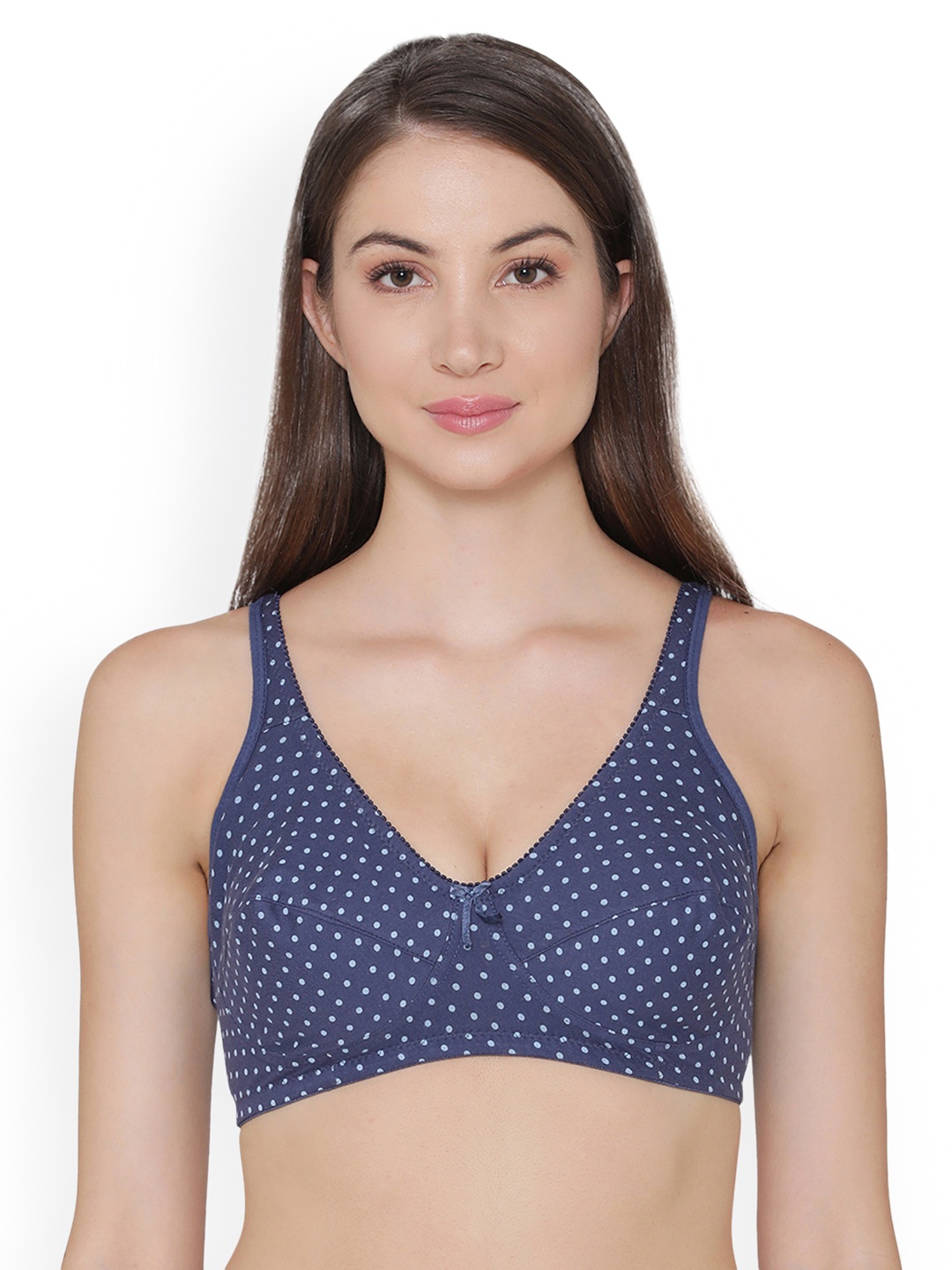 Clovia Cotton Rich Non-Padded Non-Wired Polka Print Bra, Navy blue