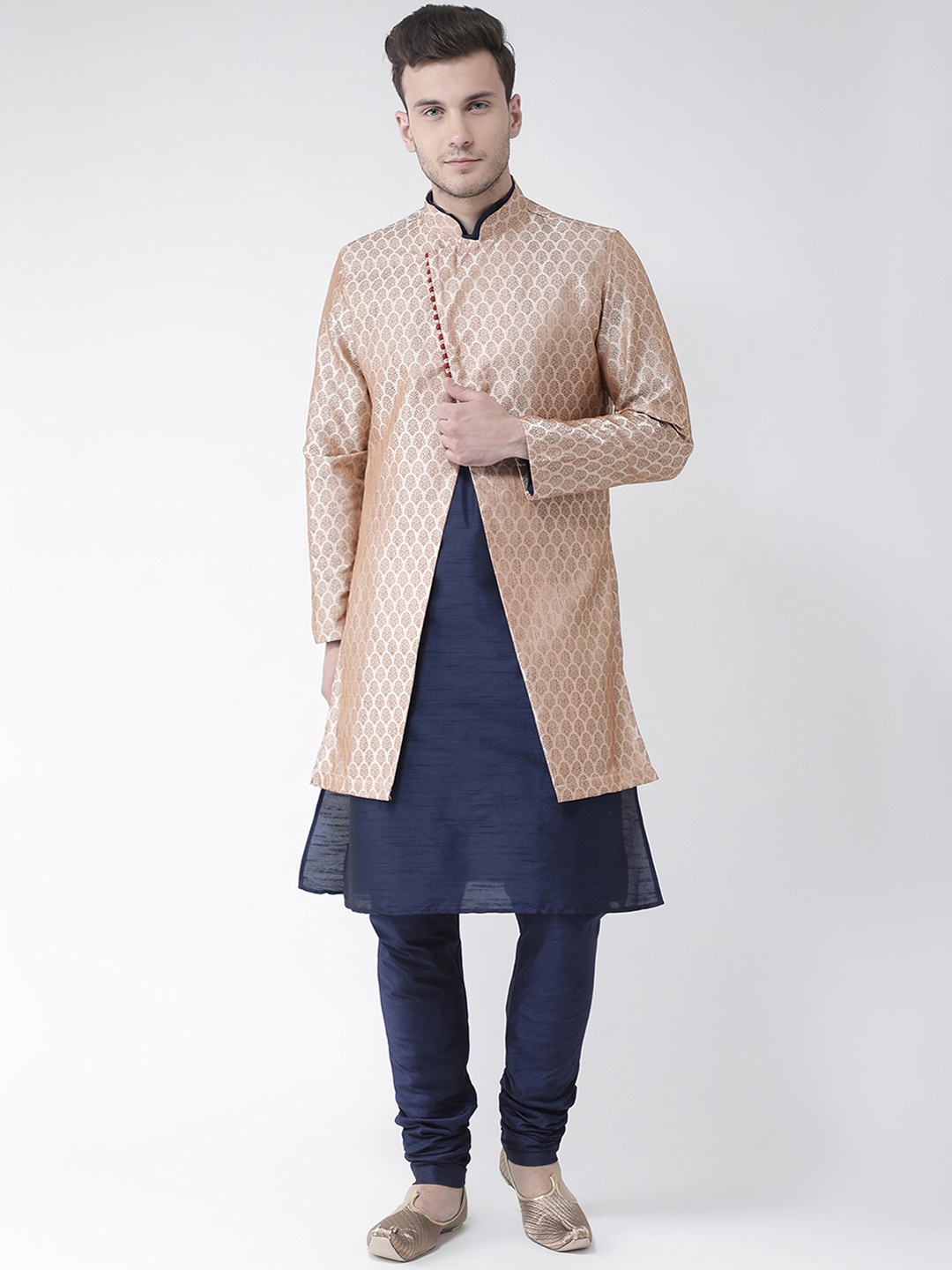 DEYANN Men Cream-Coloured & Navy Blue Sherwani With Achkan