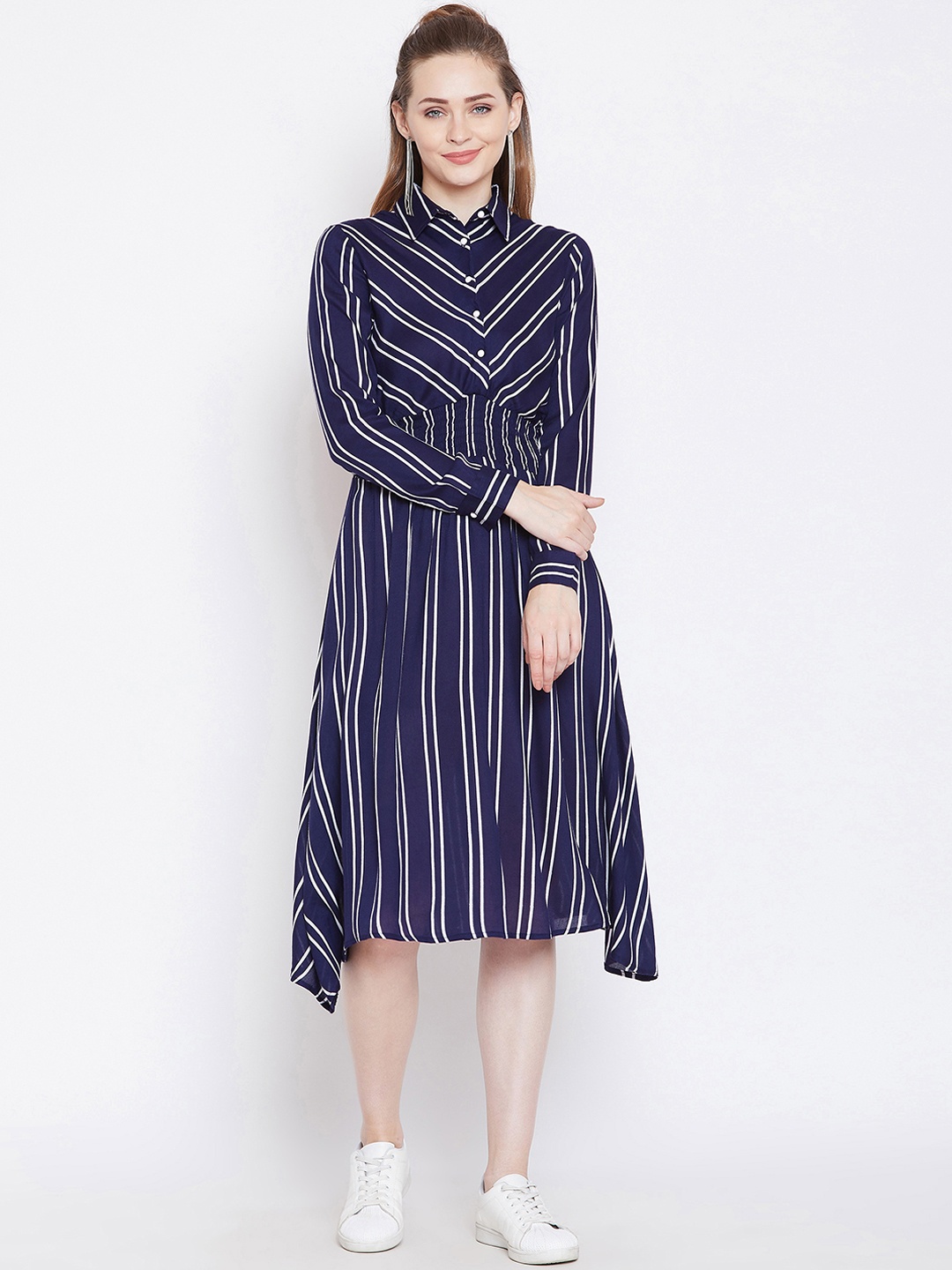 

Zastraa Women Blue & White Striped Shirt Dress