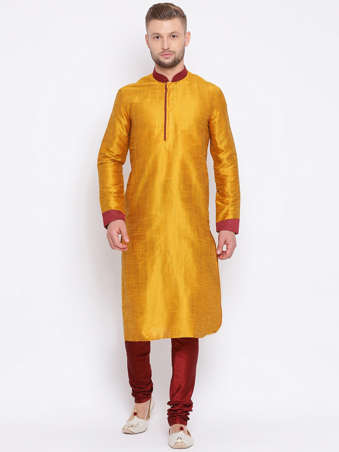 

Sanwara Men Yellow & Red Solid Kurta with Churidar