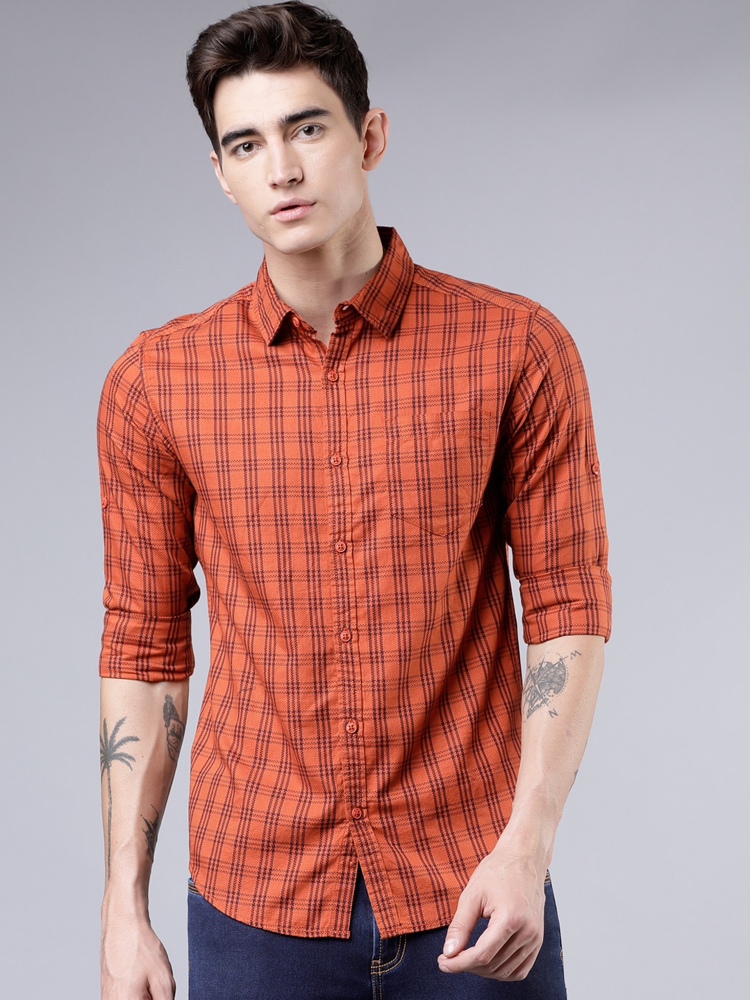 

LOCOMOTIVE Men Rust Slim Fit Checked Casual Shirt