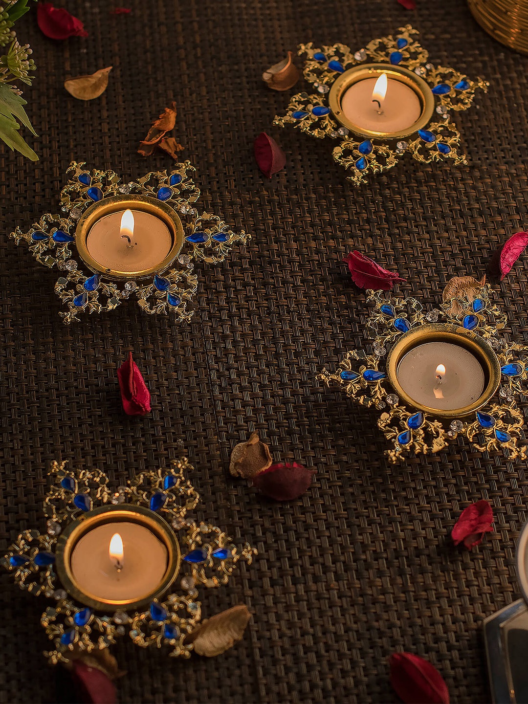 Homesake Set of 4 Blue & Gold-Toned Tea Light Candle Holders