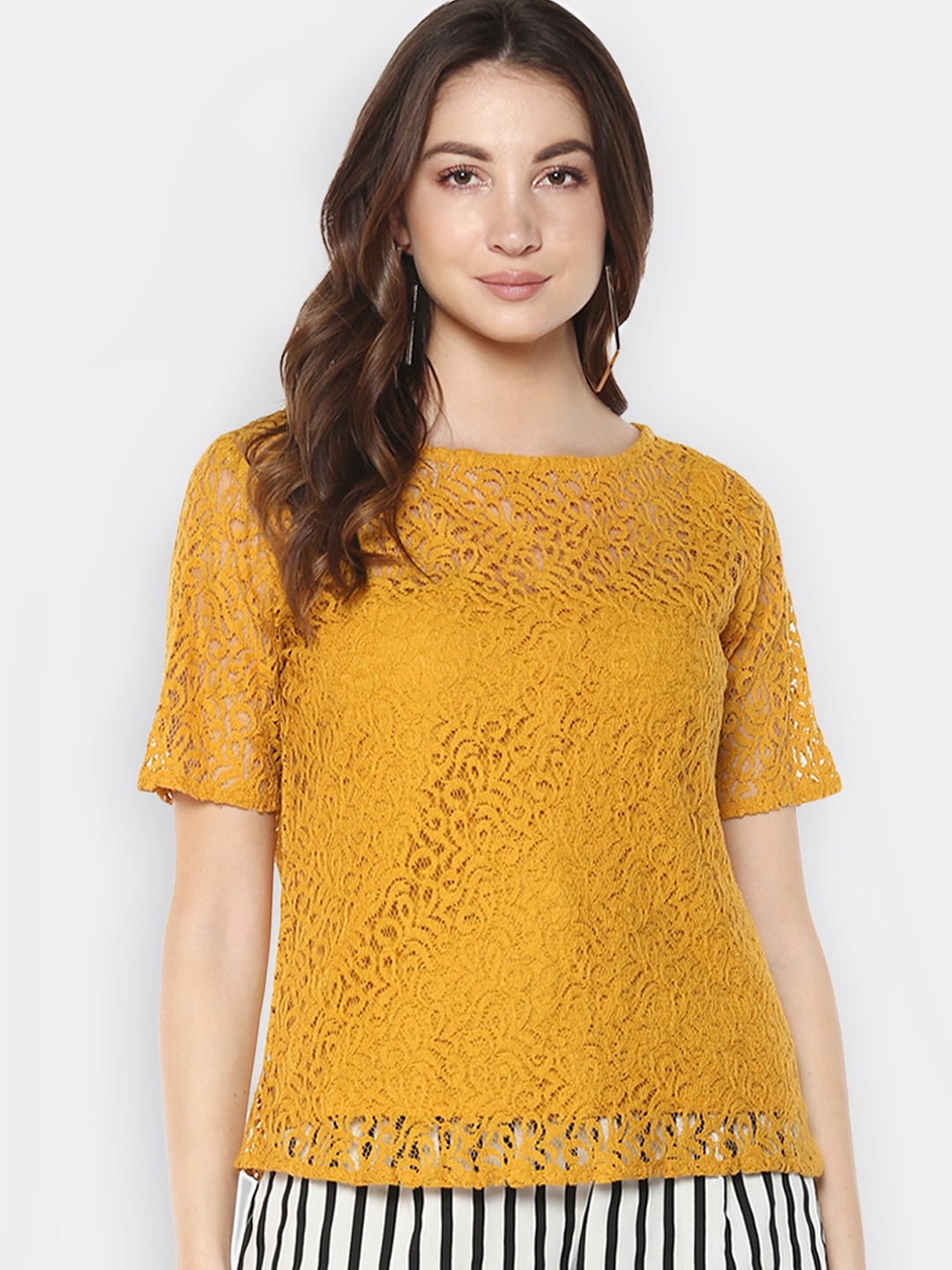 

Mayra Women Yellow Self Design A-Line Top
