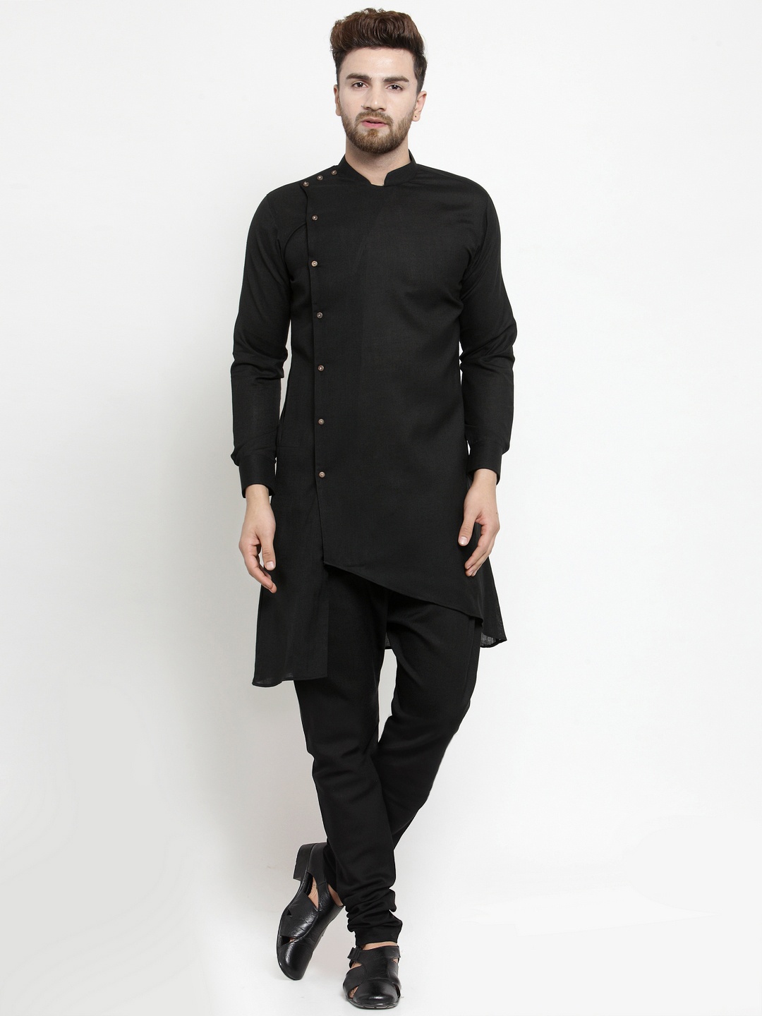 

TREEMODA Men Black Solid Linen Asymmetric Kurta