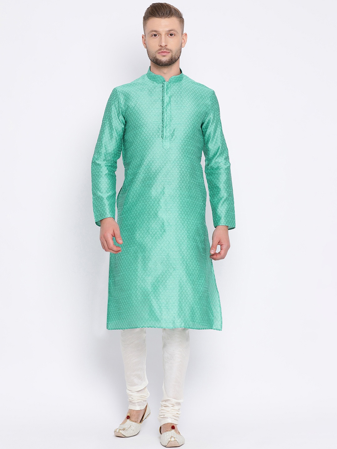 

Sanwara Men Green & White Self Design Kurta with Churidar