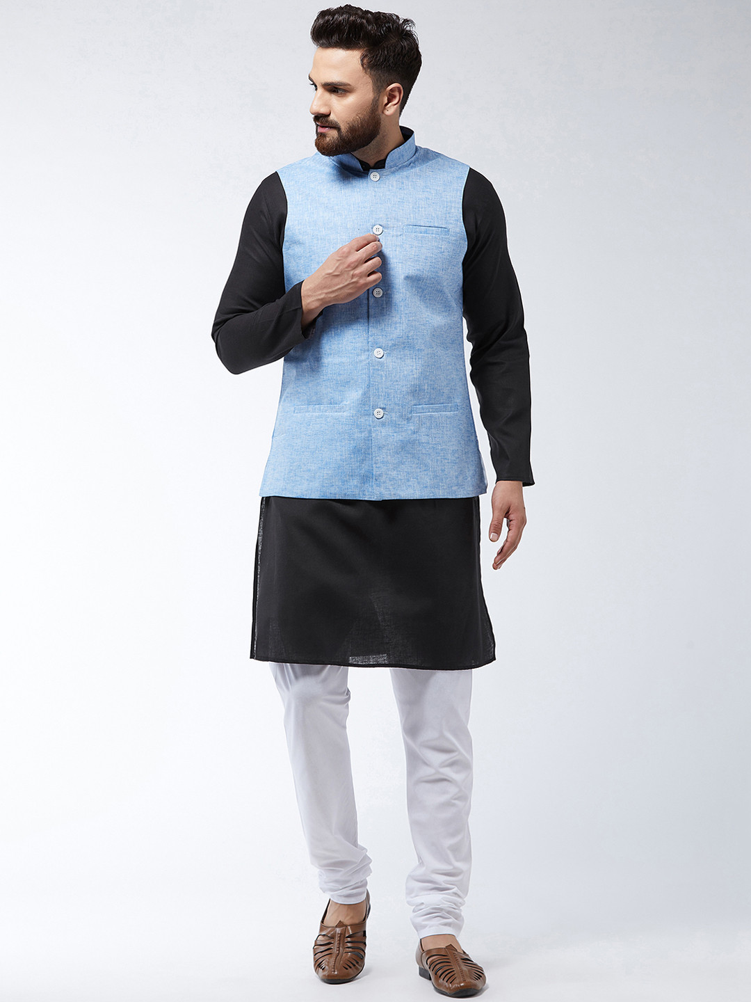 

SOJANYA Men Black & White Solid Kurta And Churidar With Jacket