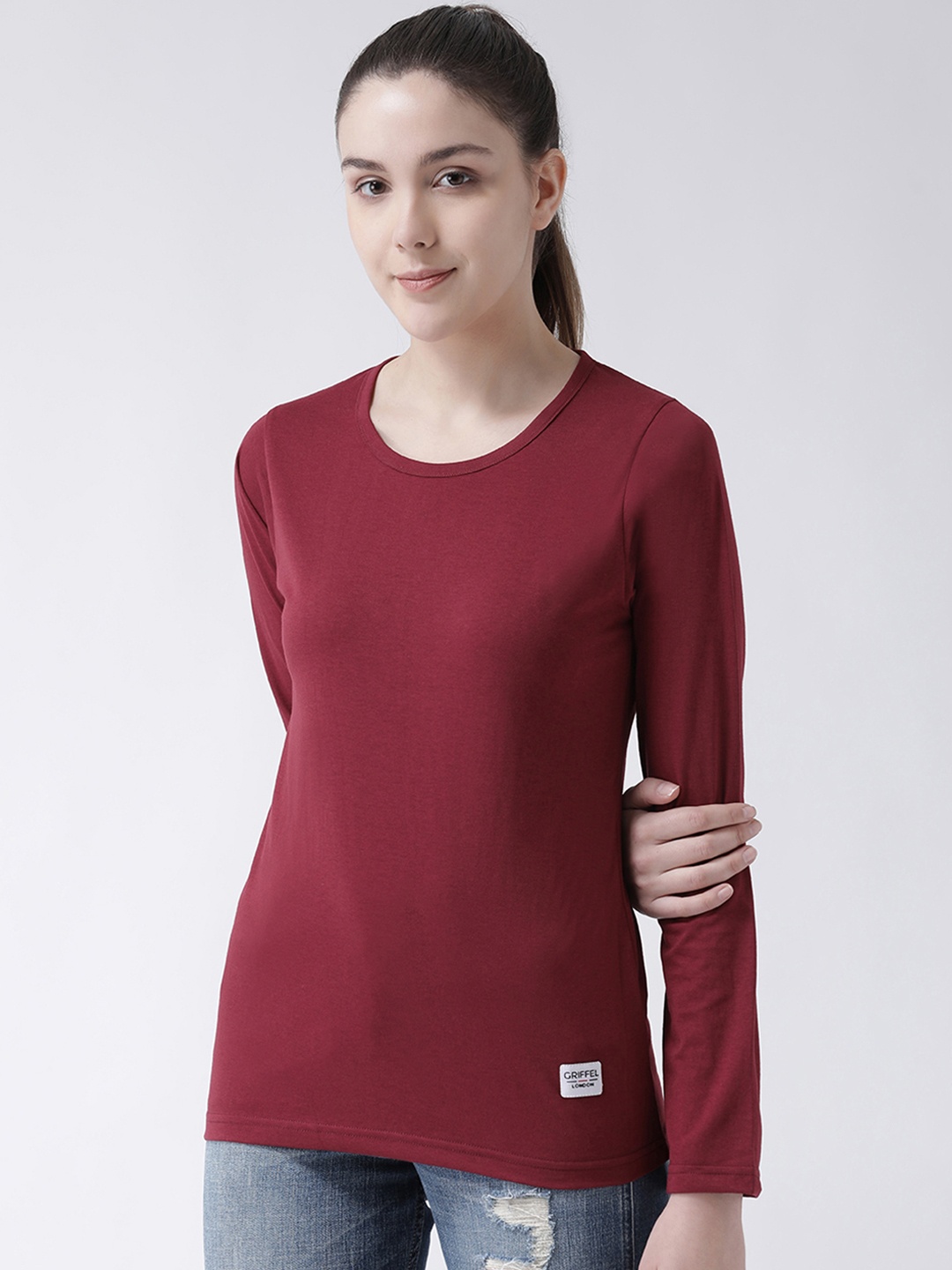 

GRIFFEL Women Maroon Solid Round Neck T-shirt