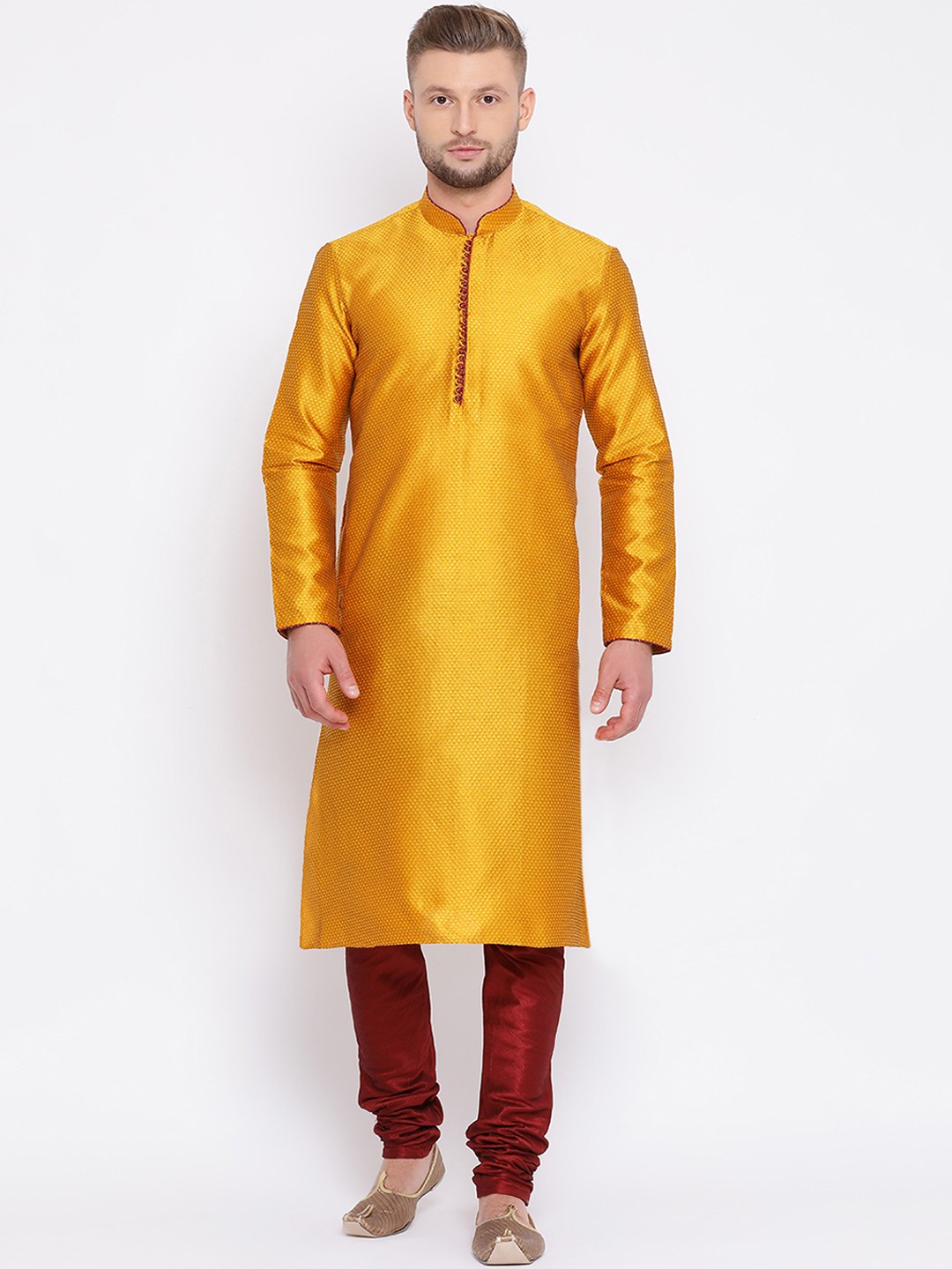 

Sanwara Men Mustard Orange Printed Silk Straight Kurta