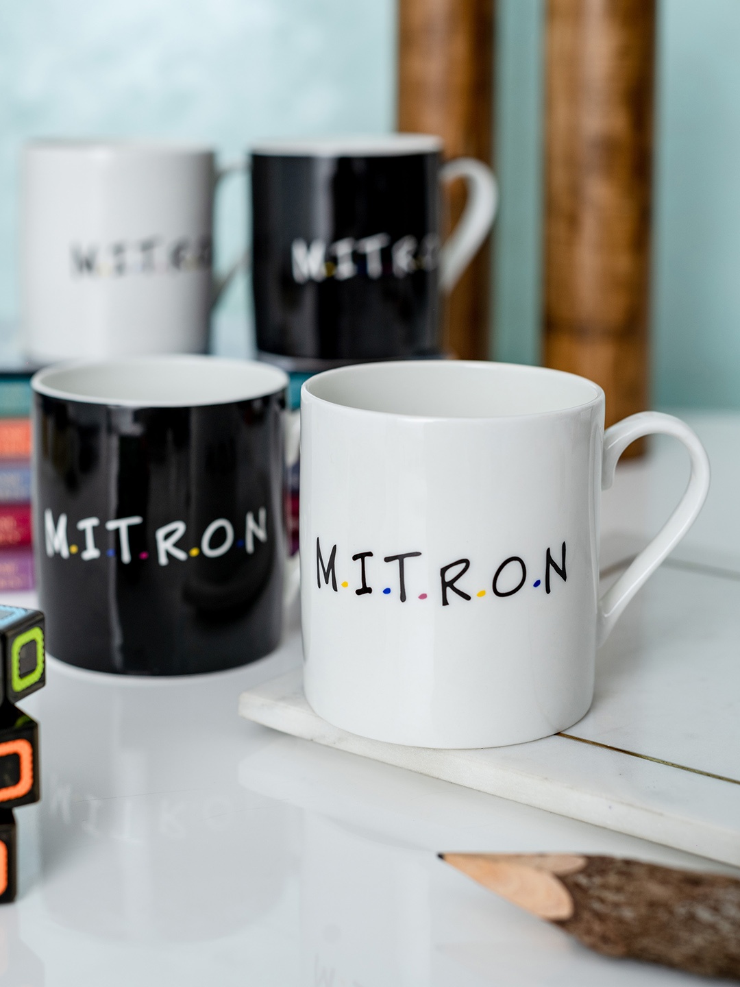 

GOODHOMES Set of 4 Fine Bone China Tea Cups/ Coffee Mugs with Fun Wordings 350 ml (each), White