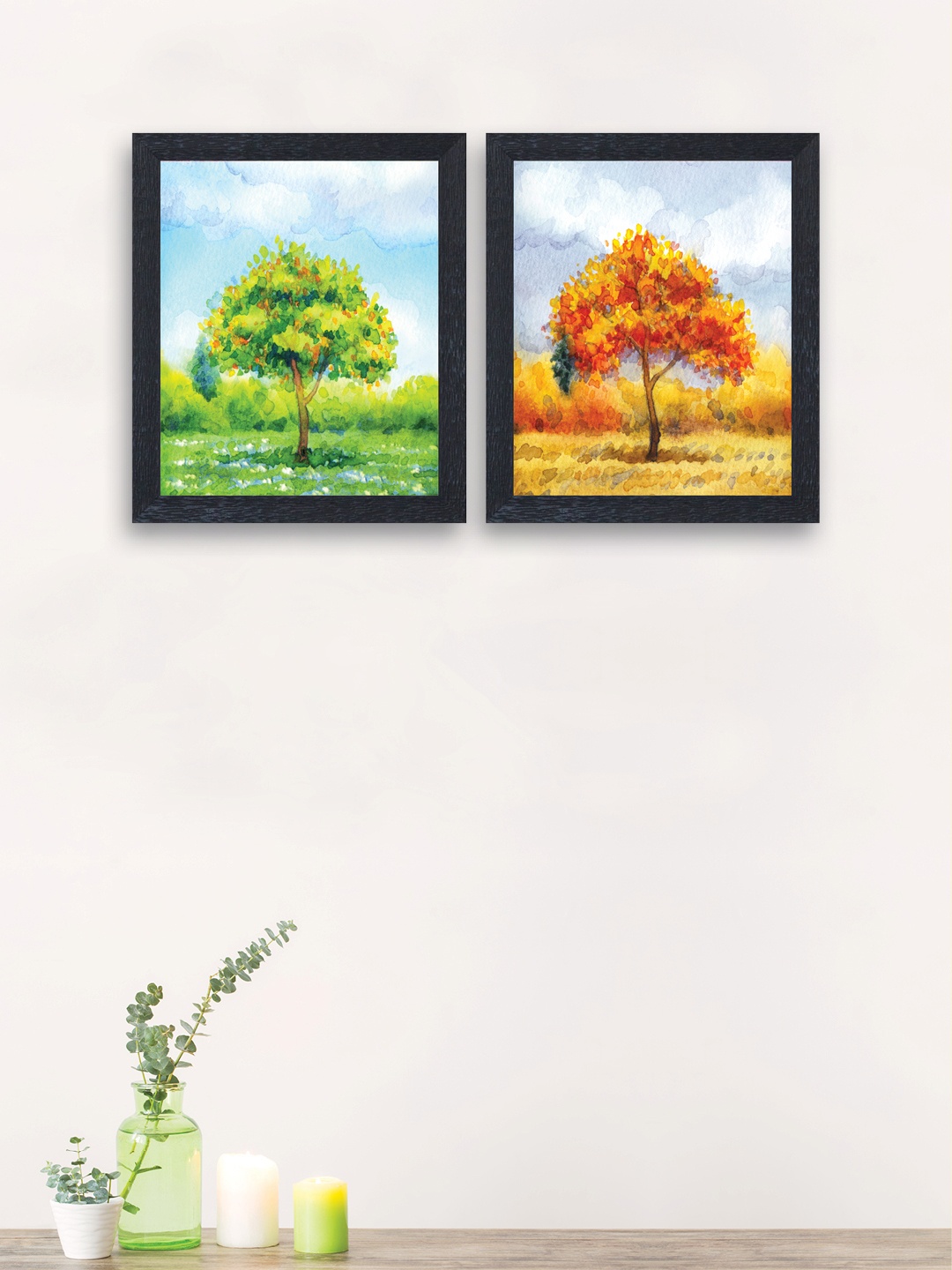

nest ART Set of 2 Multicoloured Synthetic Wood Trees Hand-Painted Wall Arts, Multi