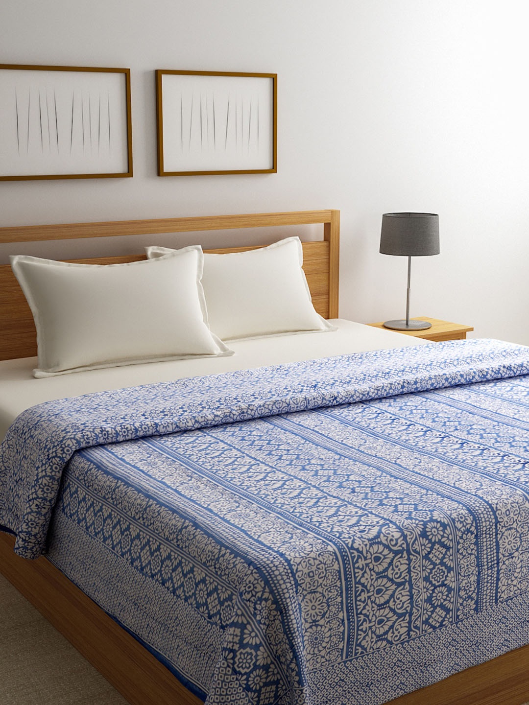 

ROMEE Blue & Off-White Ethnic Motifs AC Room 300 GSM Double Bed Quilt