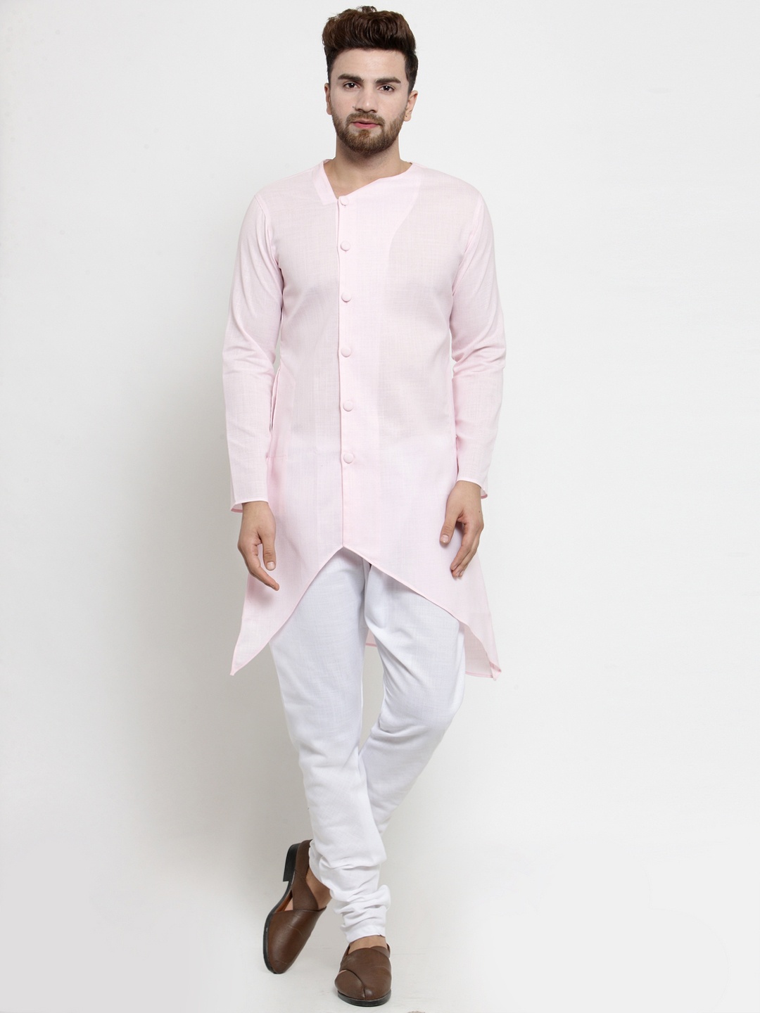 

TREEMODA Men Pink Solid Linen Straight Kurta