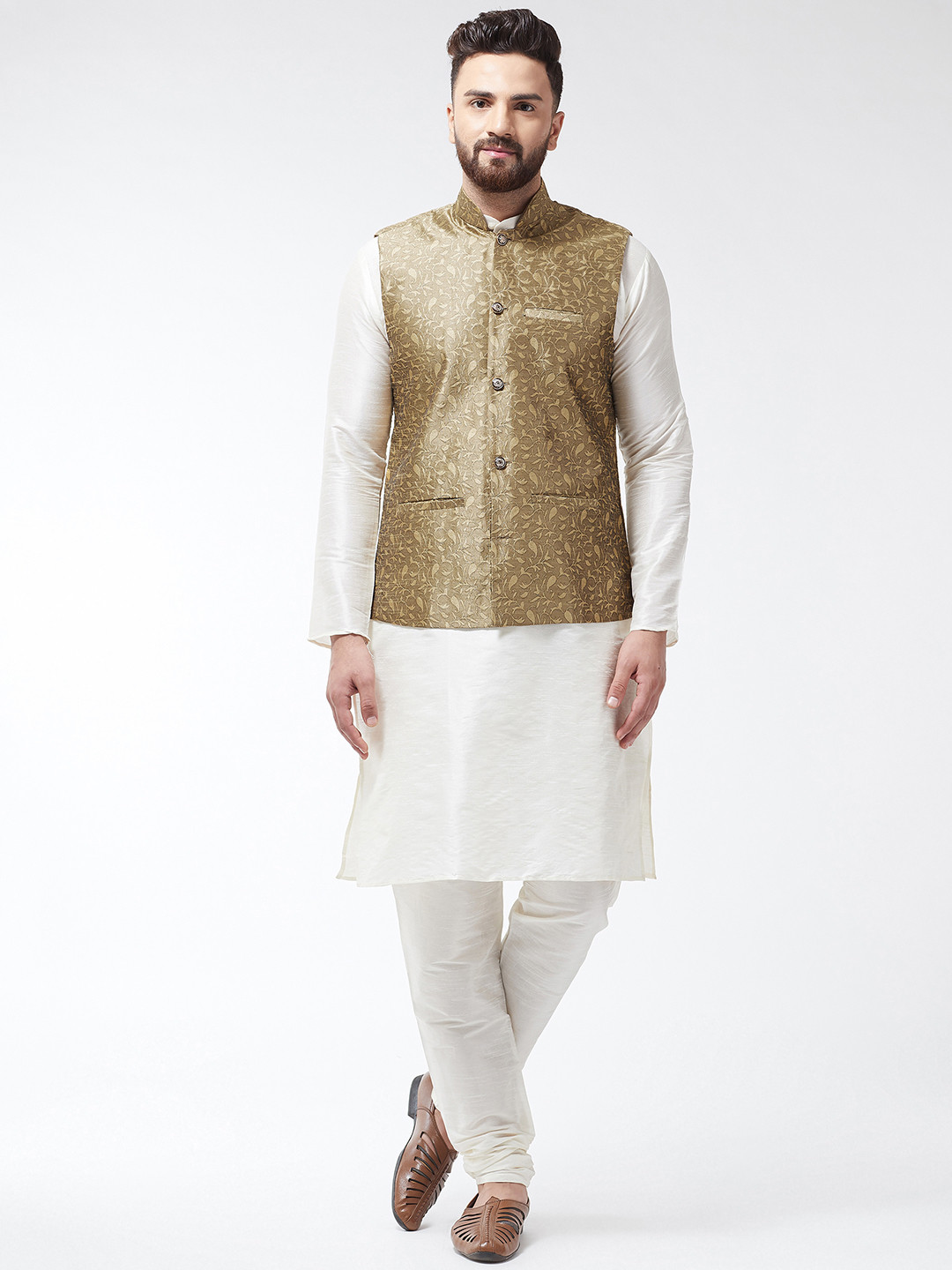 

SOJANYA Men Off-White Solid Kurta And Churidar With Jacket
