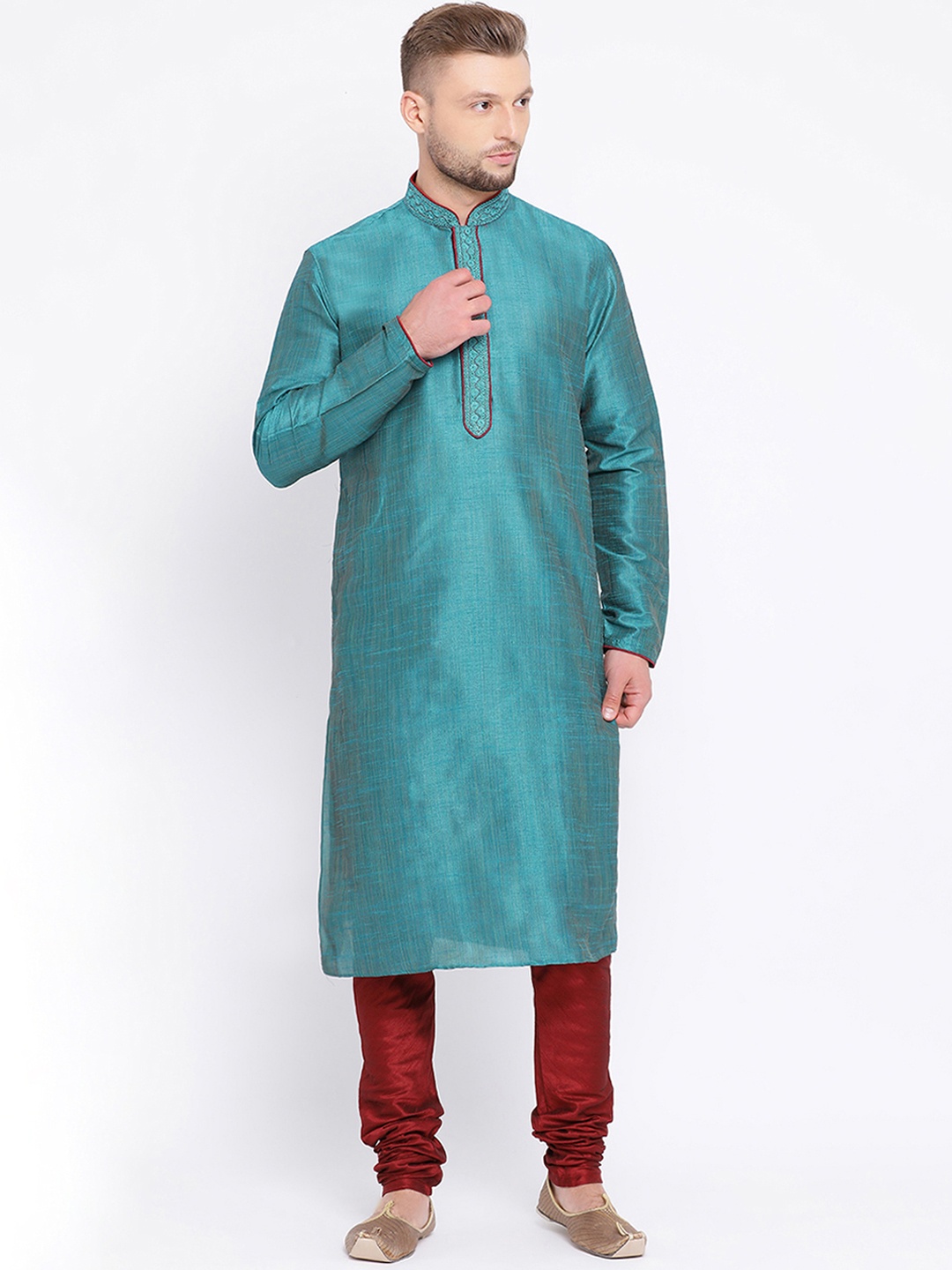 Sanwara Men Teal Green & Maroon Self Design Kurta with Churidar