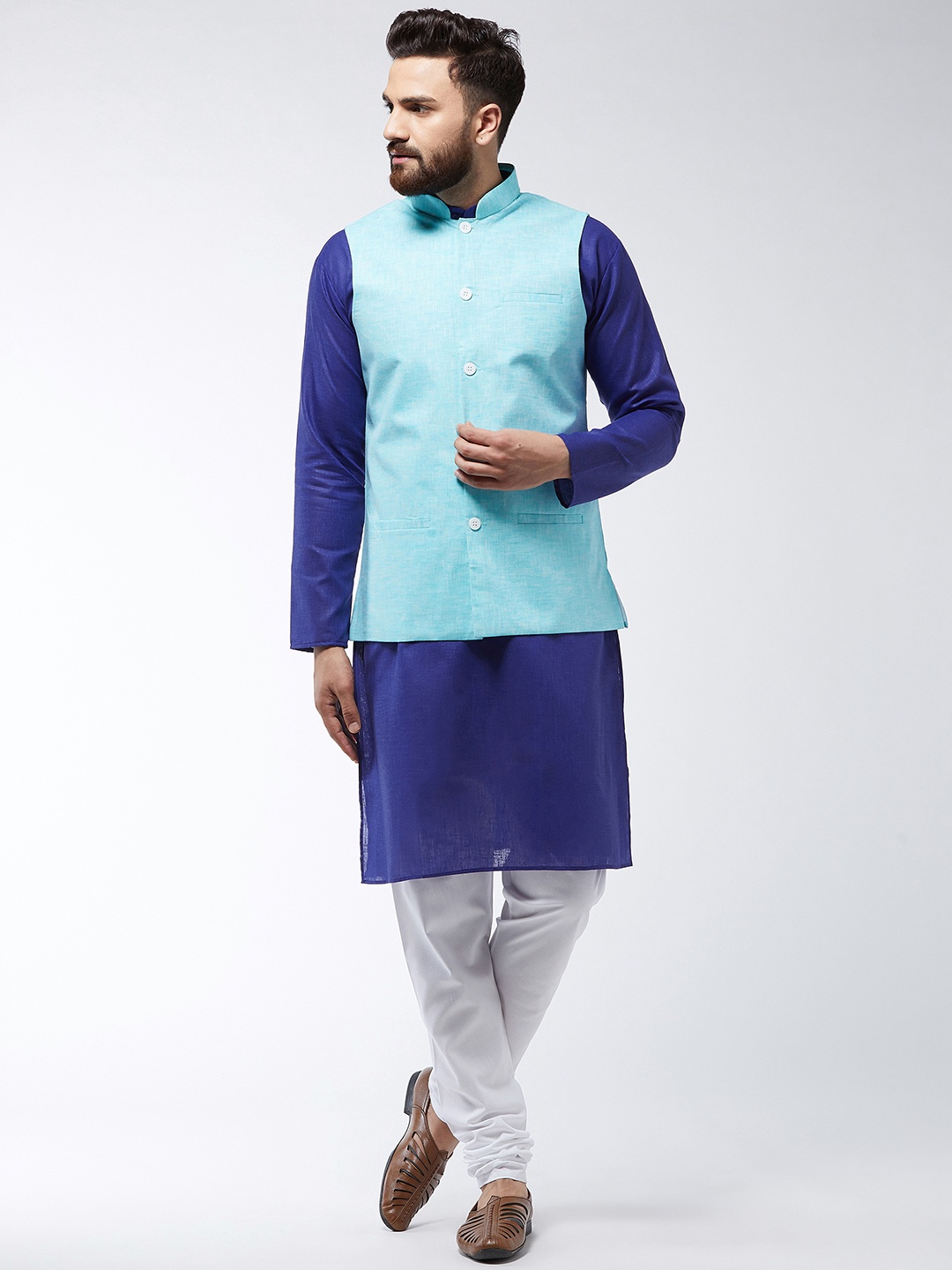 

SOJANYA Men Blue & White Solid Kurta And Churidar With Jacket