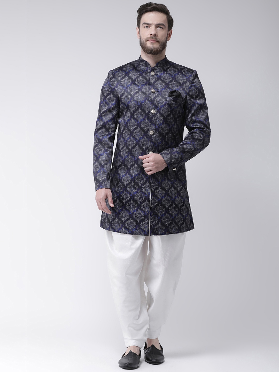 

Hangup Men Navy Blue & White Printed Sherwani With Dhoti Pants
