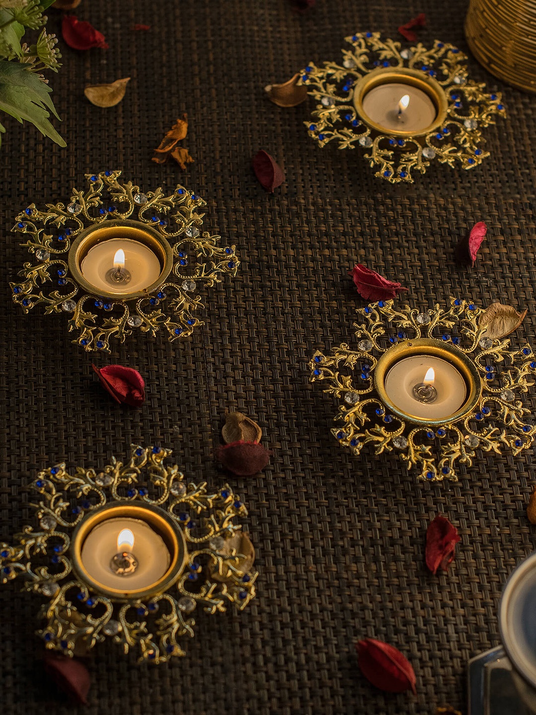 Homesake Set of 4 Blue & Gold-Toned Tea Light Candle Holders