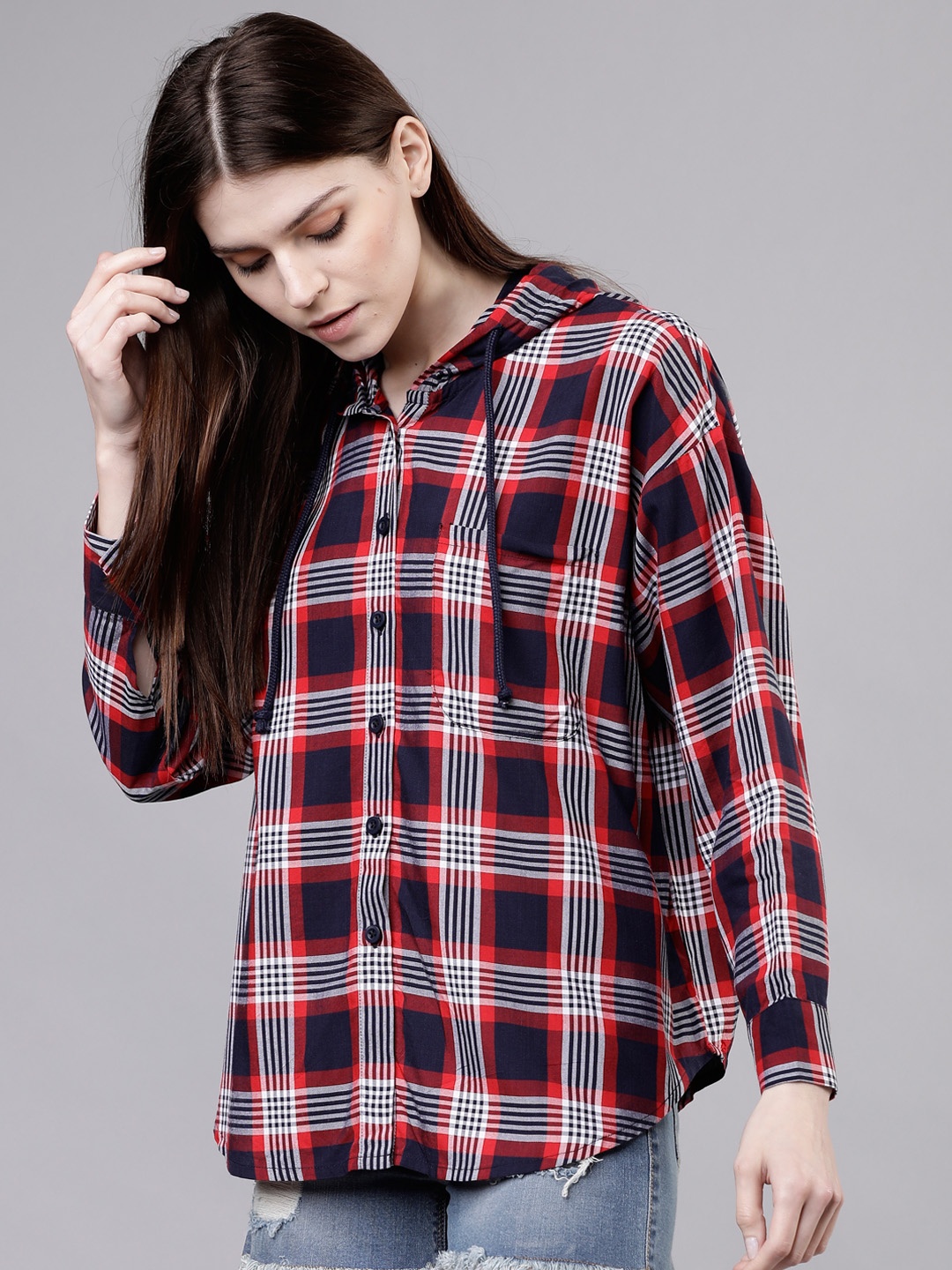 

Tokyo Talkies Women Navy Blue & Red Regular Fit Checked Hooded Casual Shirt