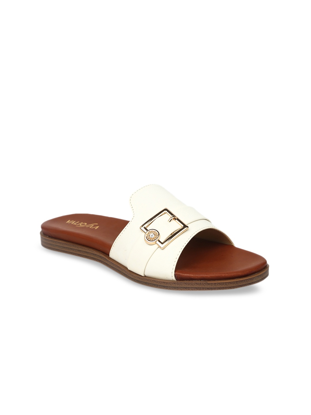 

VALIOSAA Women Cream-Coloured Solid Synthetic Patent Open Toe Flats