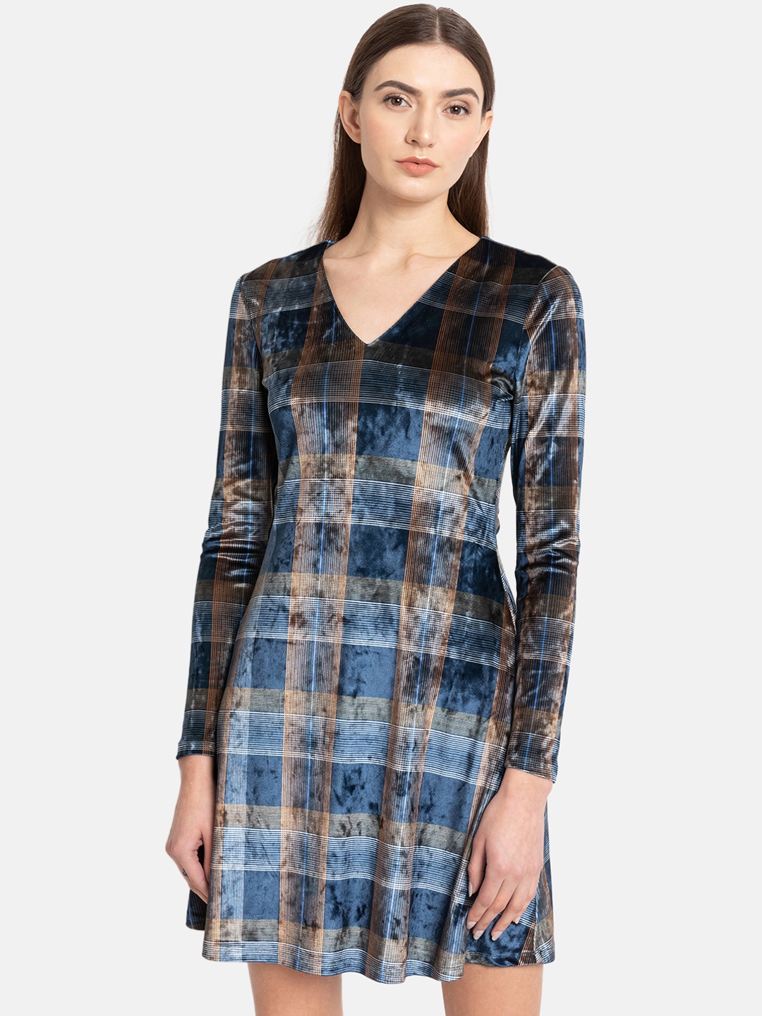 

Kazo Women Checked Multicoloured Fit and Flare Dress, Multi