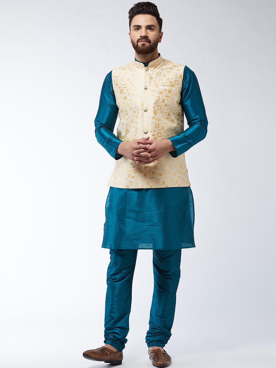 

SOJANYA Men Teal Green & Beige Solid Kurta with Churidar & Nehru Jacket