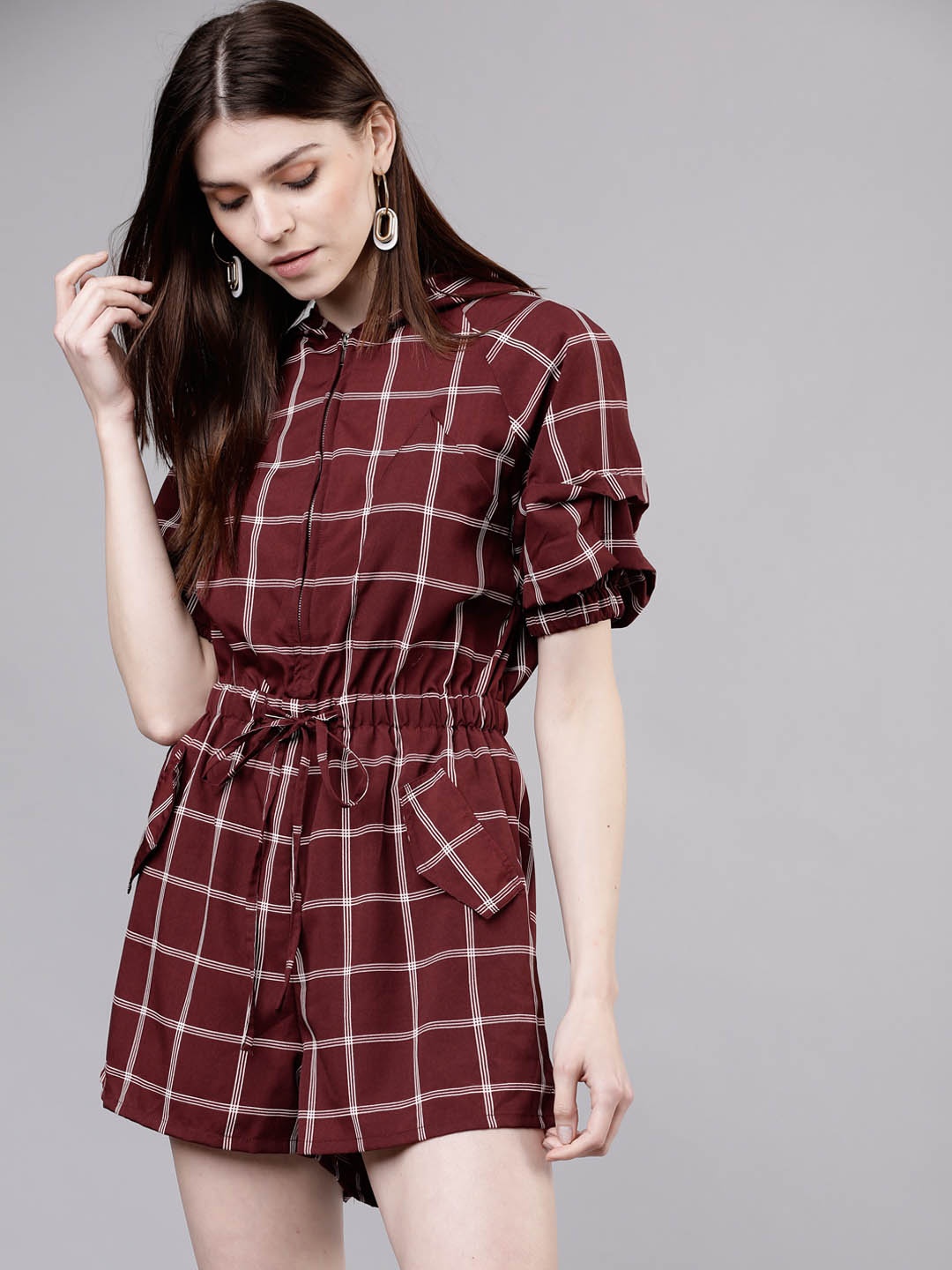 

Tokyo Talkies Women Burgundy & White Checked Playsuit